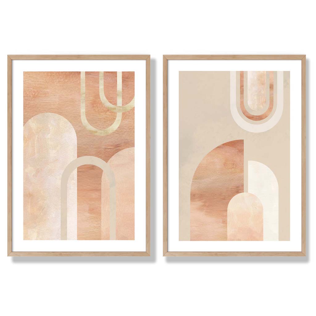 Mid Century Arches in Terracotta Set of 2 Art Prints with Oak Frame