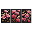 Modern Black and Pink Flowers Set of 3 Framed Art Prints with Black Wooden Frames