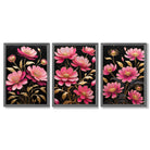 Modern Black and Pink Flowers Set of 3 Framed Art Prints with Dark Grey Wooden Frames