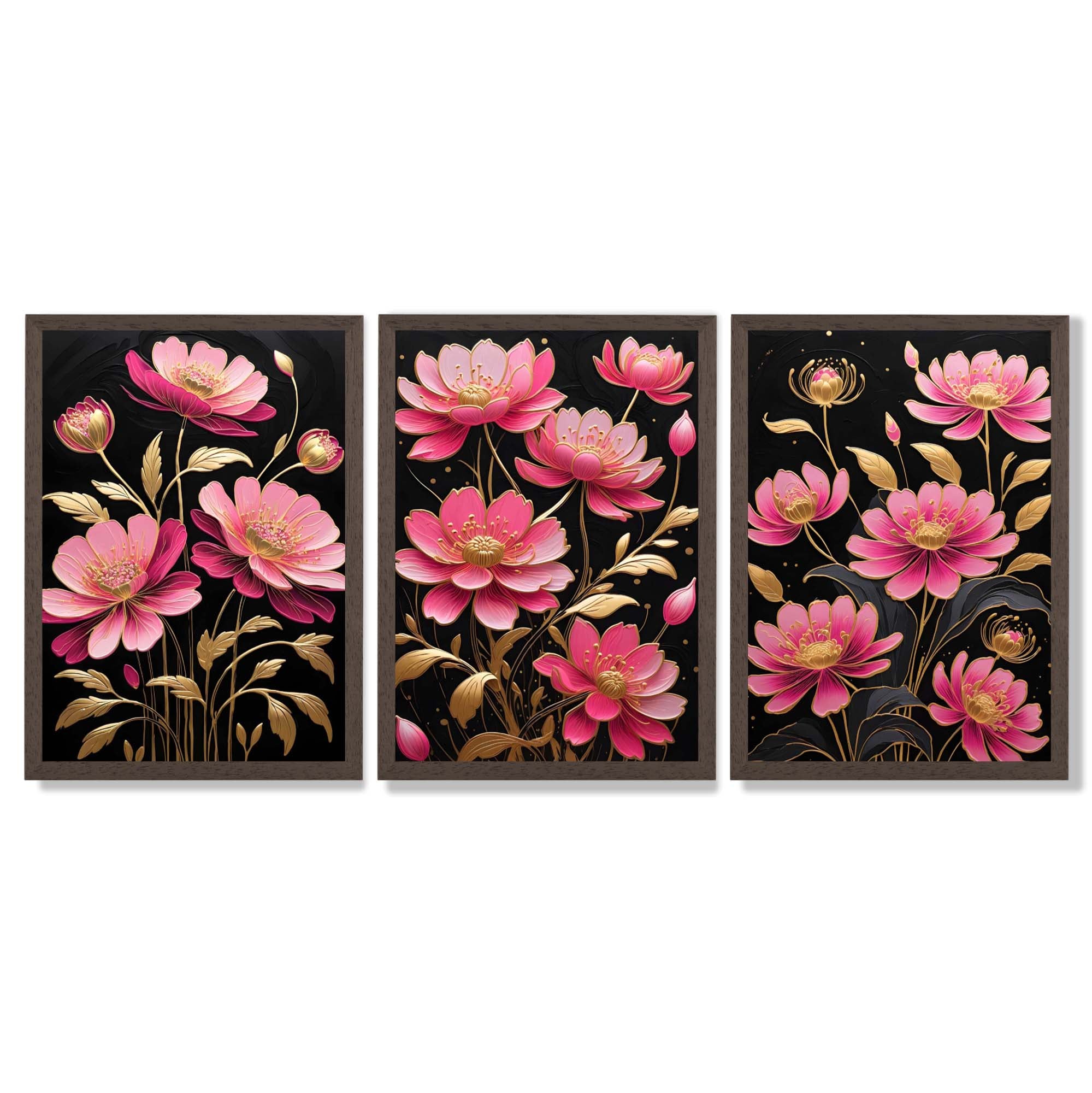 Modern Black and Pink Flowers Set of 3 Framed Art Prints with Dark Wood Frames