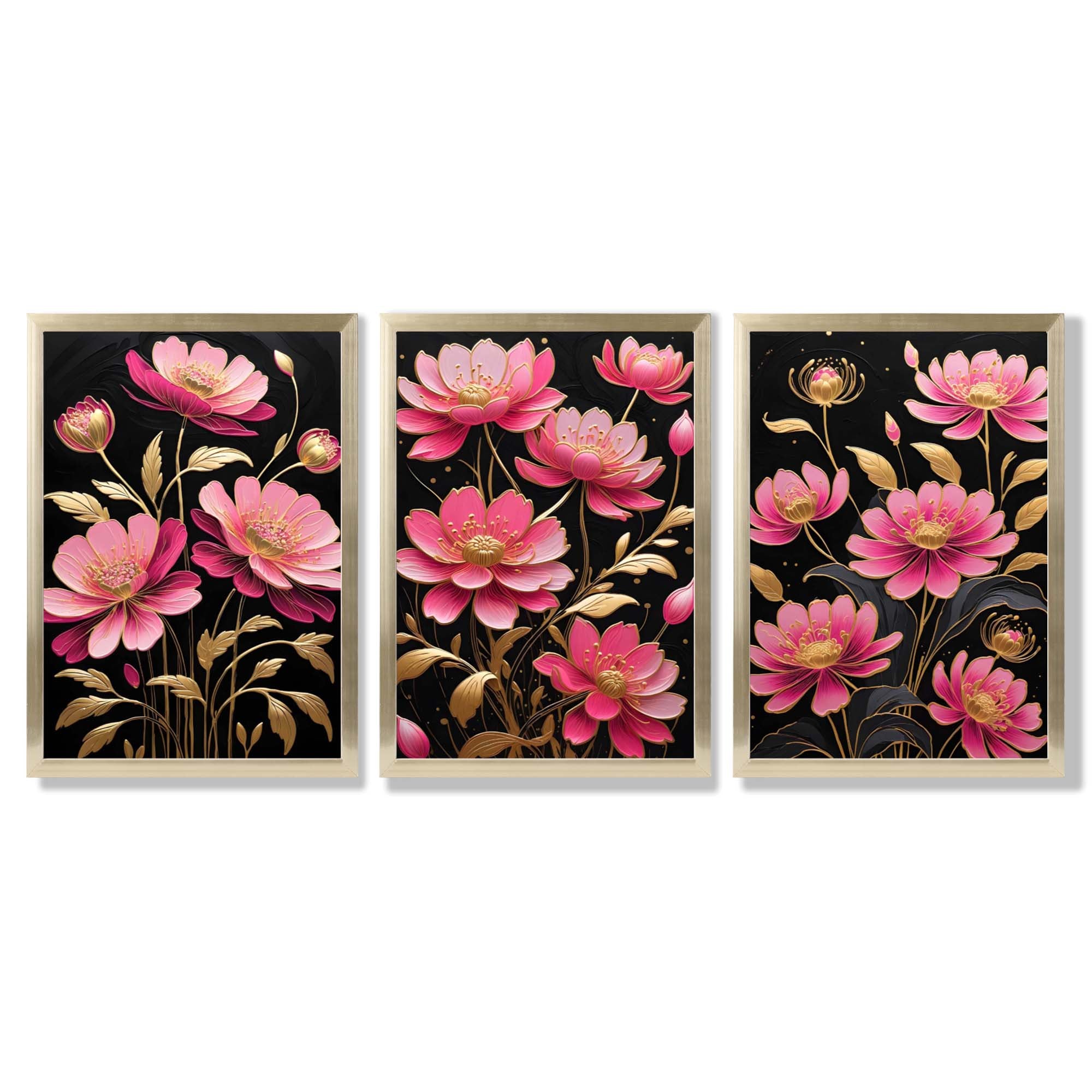 Modern Black and Pink Flowers Set of 3 Framed Art Prints with Gold Wood Frames