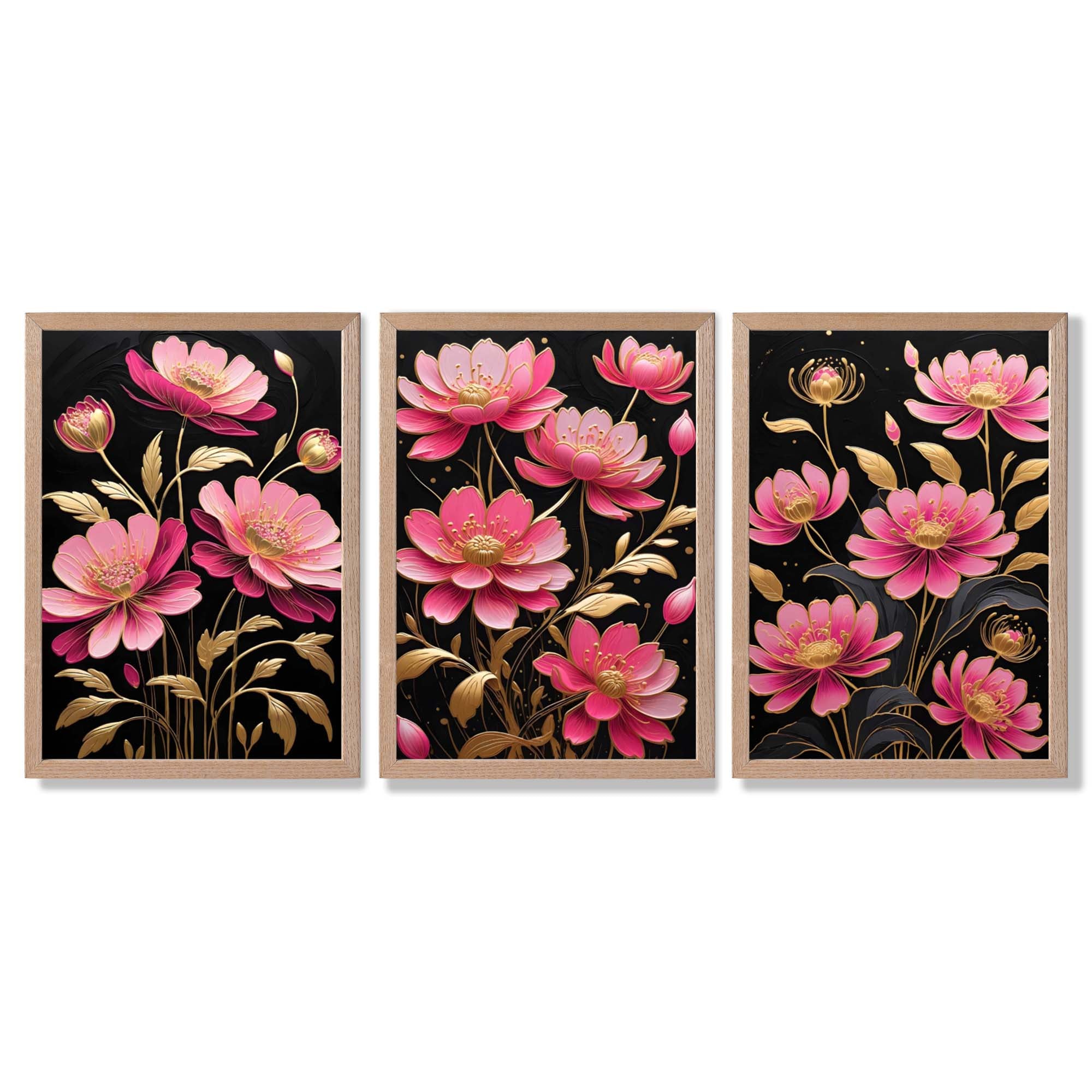 Modern Black and Pink Flowers Set of 3 Framed Art Prints with Light Oak Frames