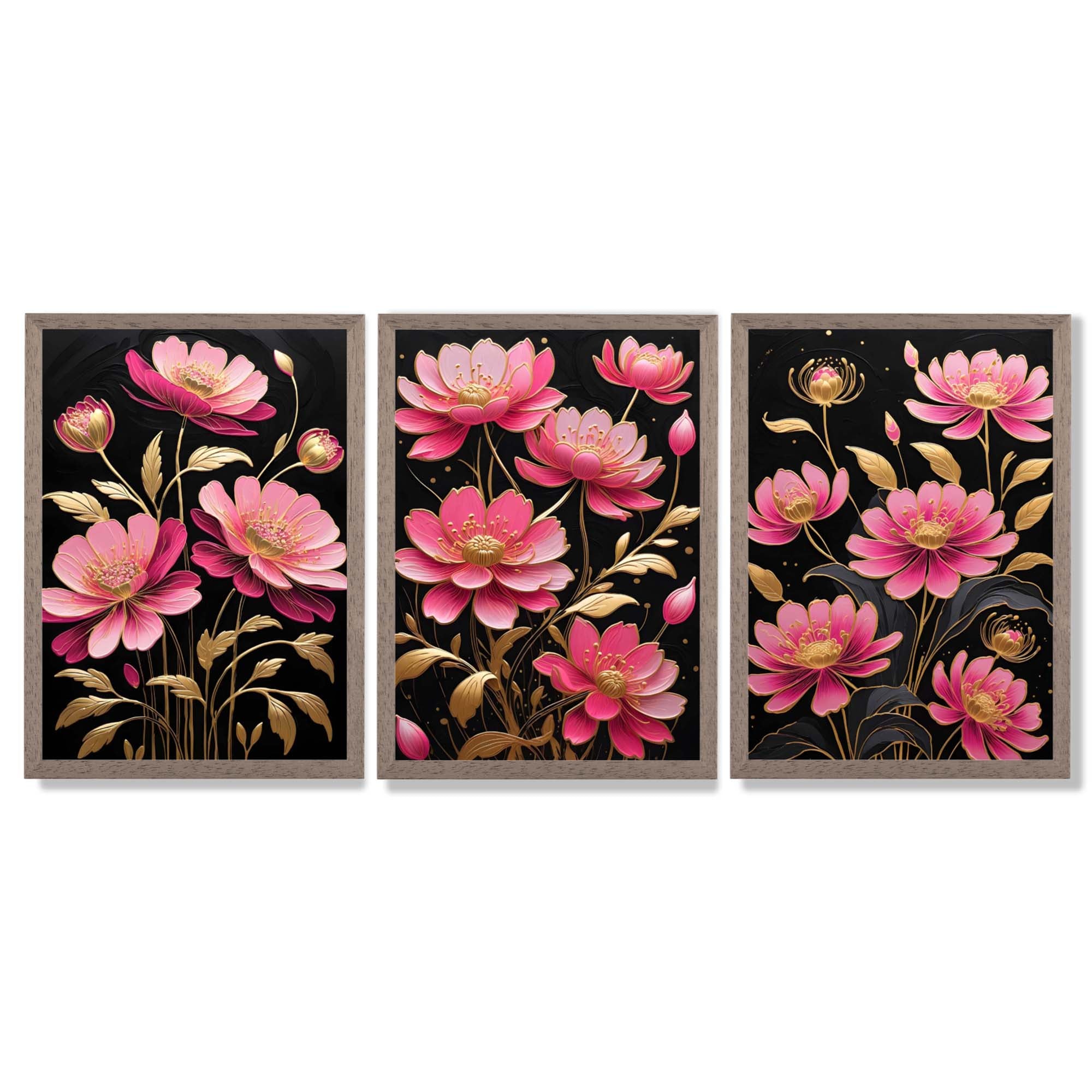 Modern Black and Pink Flowers Set of 3 Framed Art Prints with Light Walnut Frames