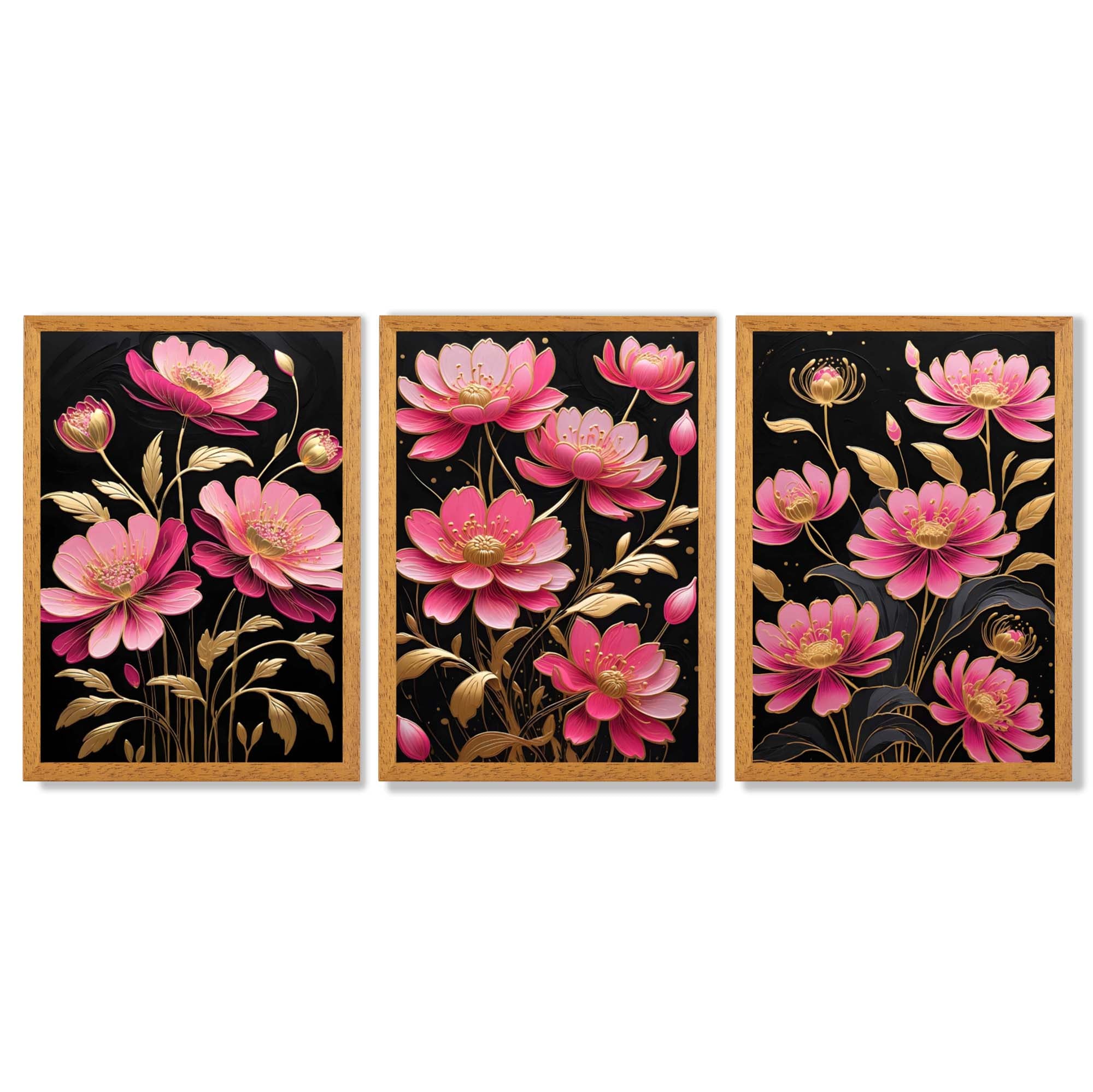 Modern Black and Pink Flowers Set of 3 Framed Art Prints with Oak Wooden Frames