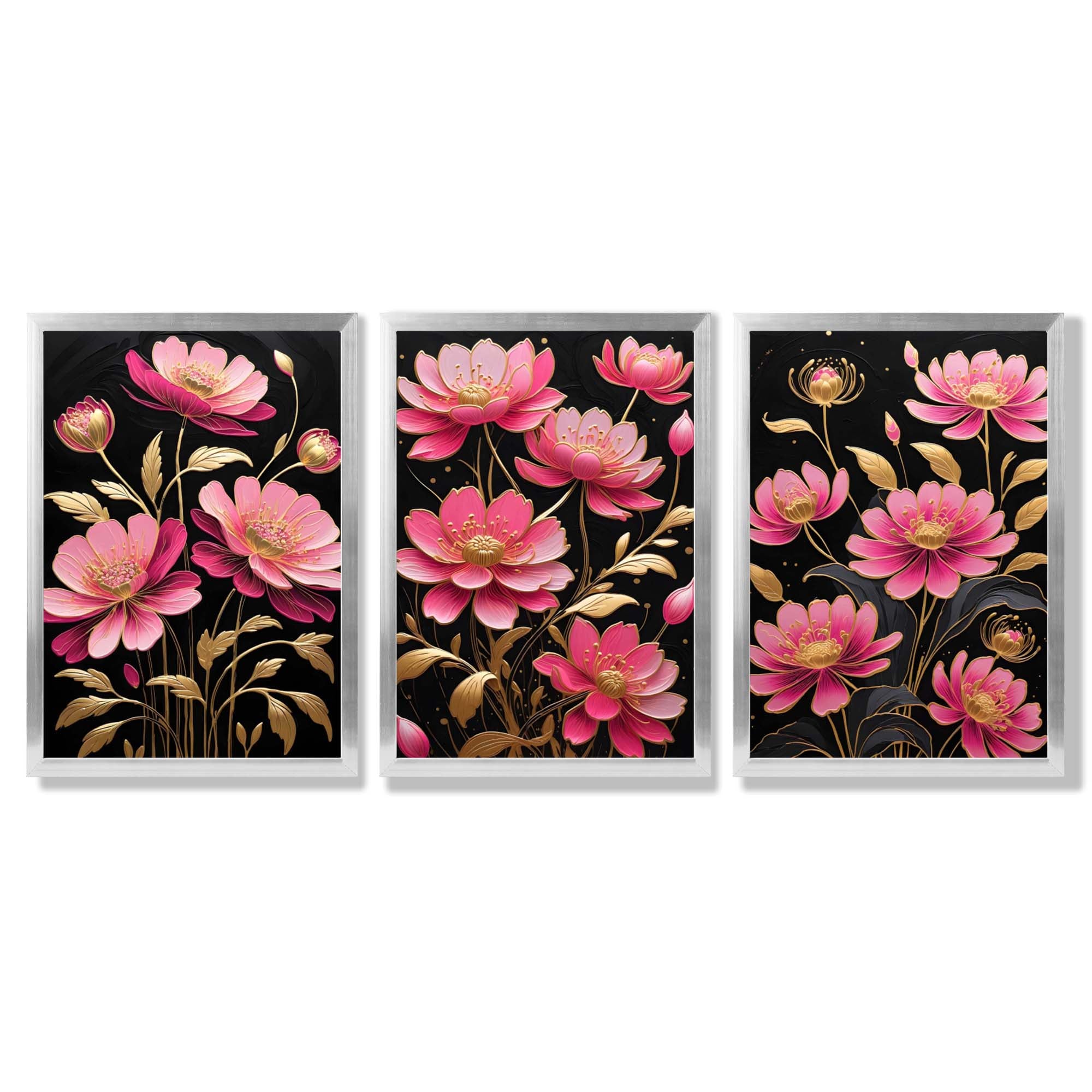 Modern Black and Pink Flowers Set of 3 Framed Art Prints with Silver Wood Frames