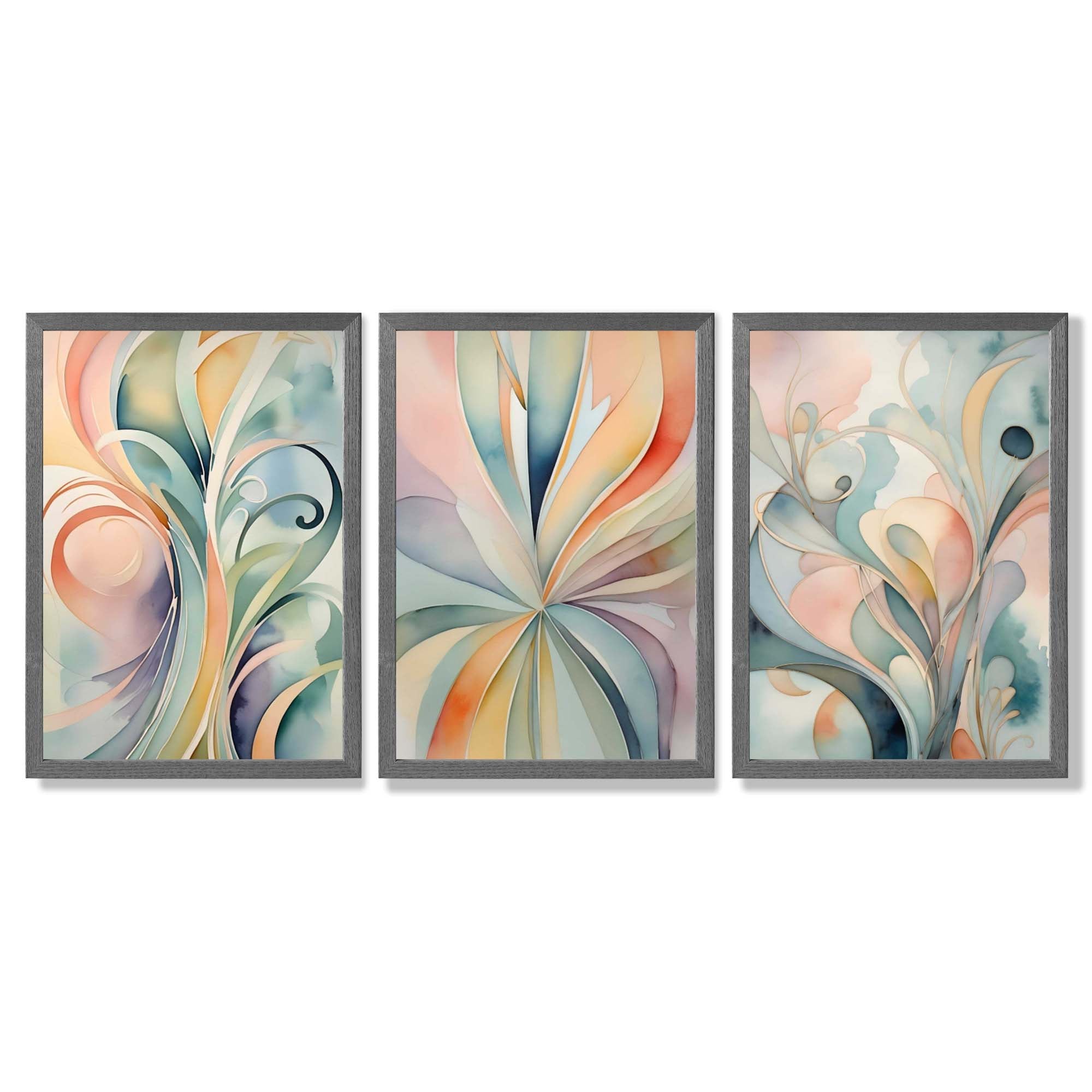 Set of 3 Art Deco Swirls in Pastel Colours Framed Art Prints with Dark Grey Wooden Frames