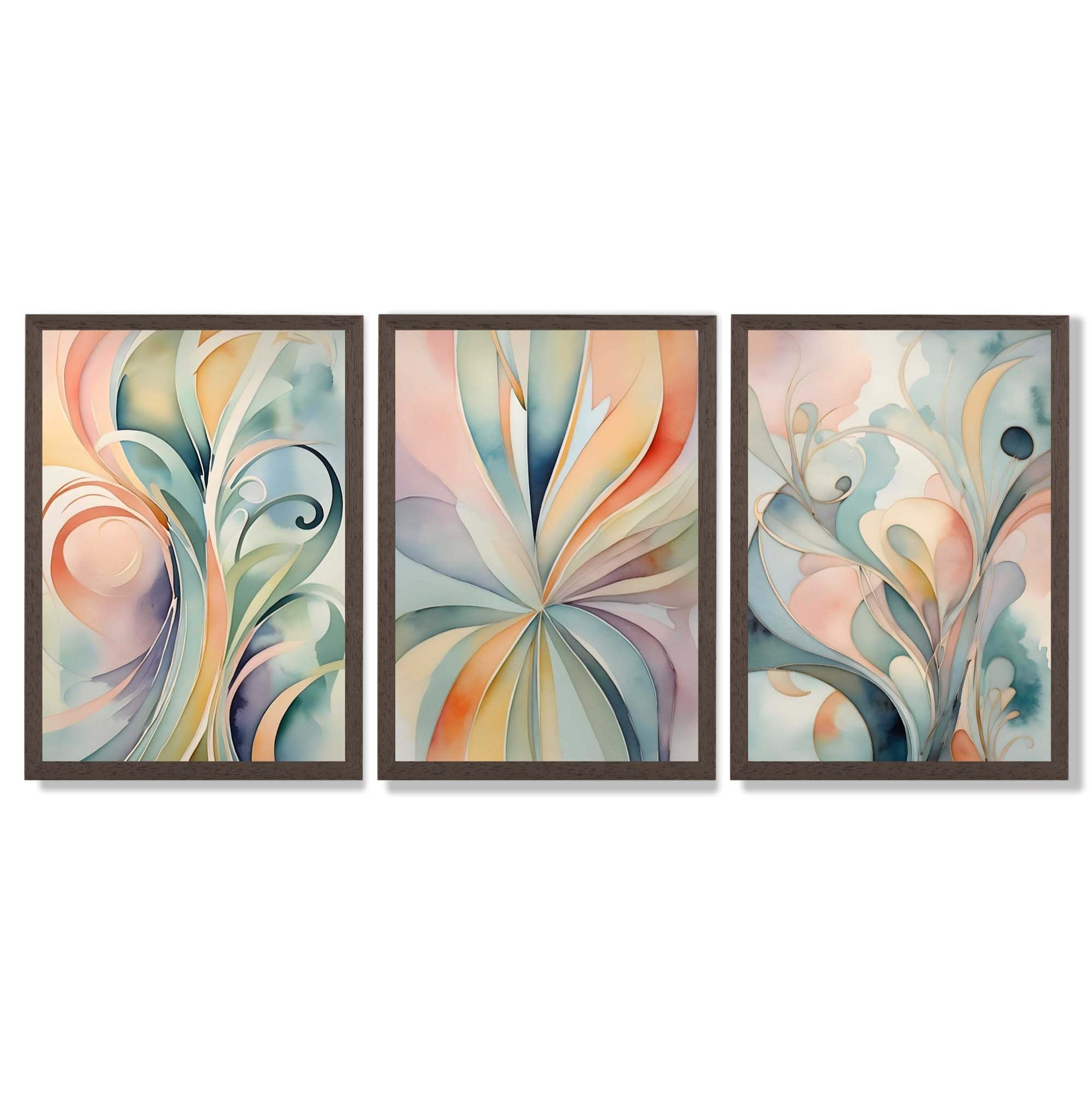 Set of 3 Art Deco Swirls in Pastel Colours Framed Art Prints with Dark Wood Frames