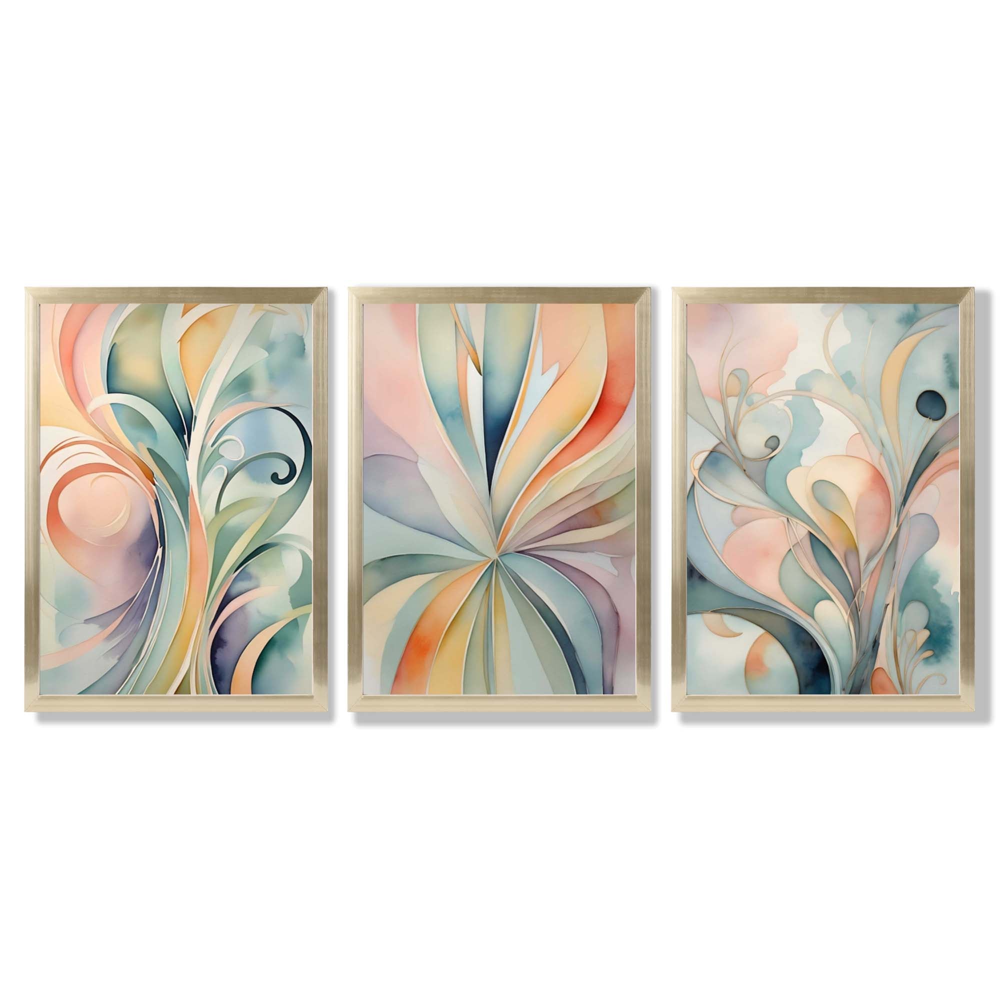 Set of 3 Art Deco Swirls in Pastel Colours Framed Art Prints with Gold Wood Frames