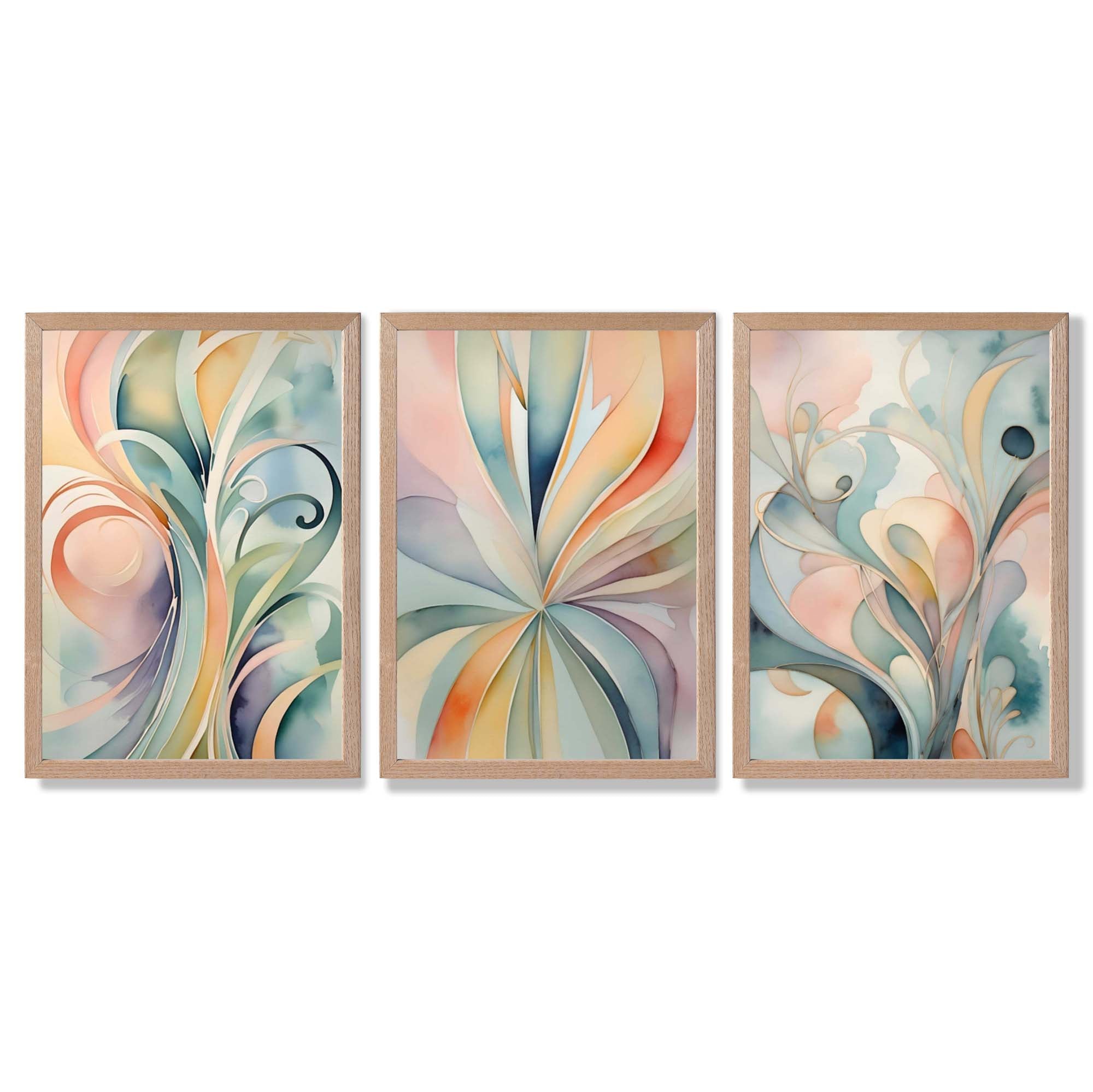 Set of 3 Art Deco Swirls in Pastel Colours Framed Art Prints with Light Oak Frames