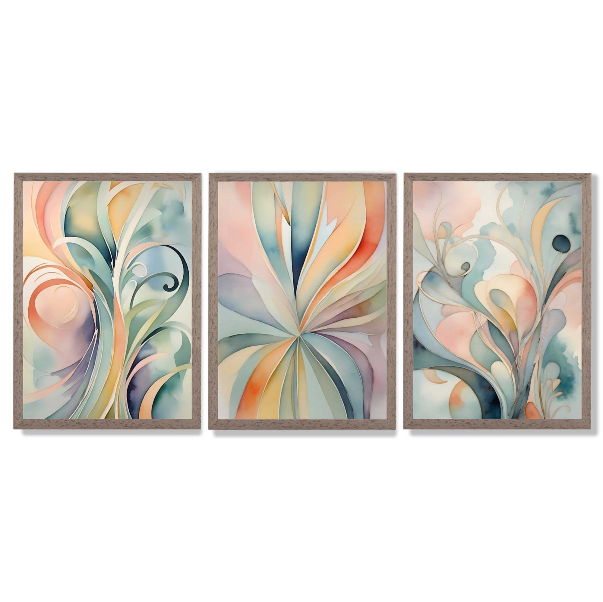 Set of 3 Art Deco Swirls in Pastel Colours Framed Art Prints with Light Walnut Frames