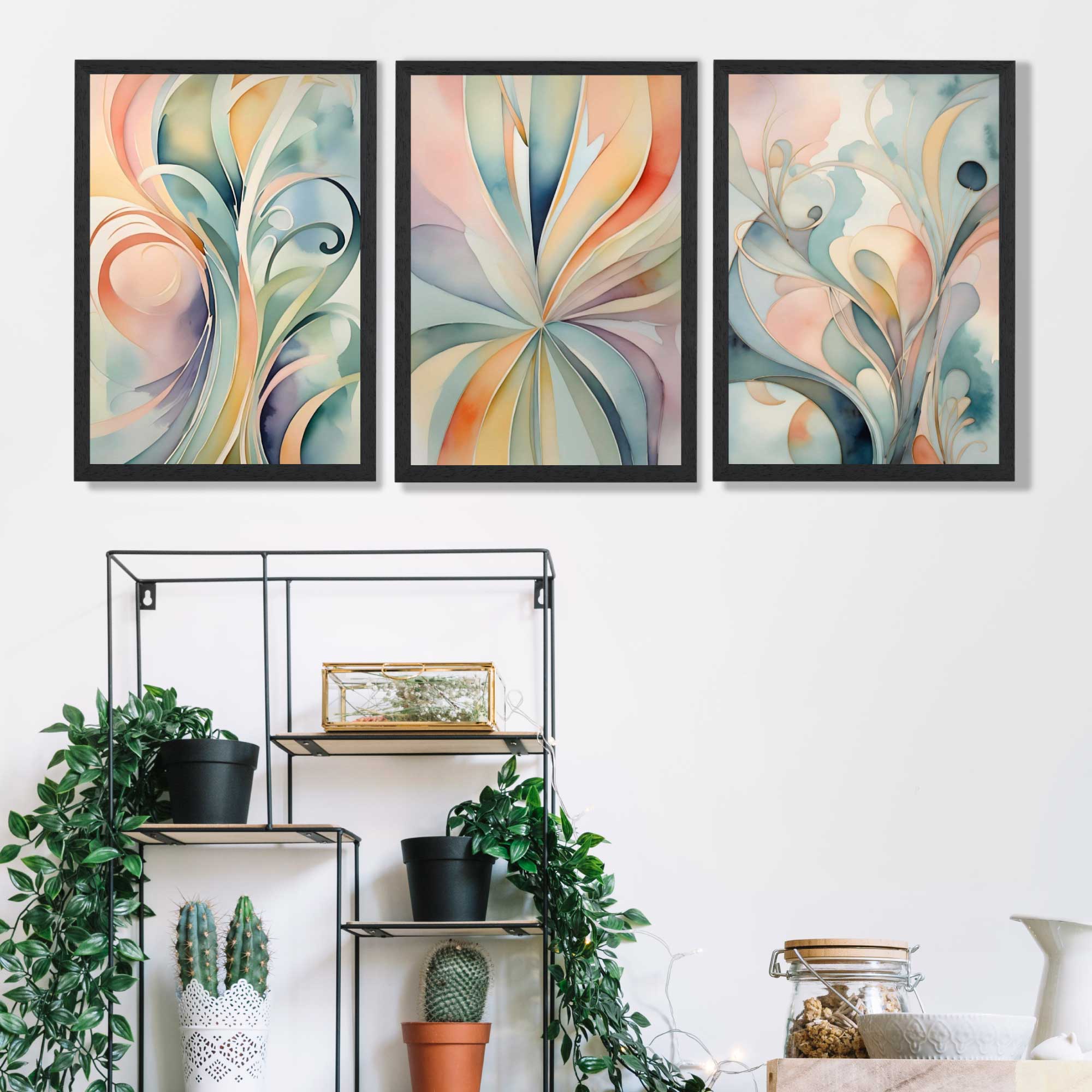 Set of 3 Art Deco Swirls in Pastel Colours Framed Art Prints in Luxury Frames | Artze UK