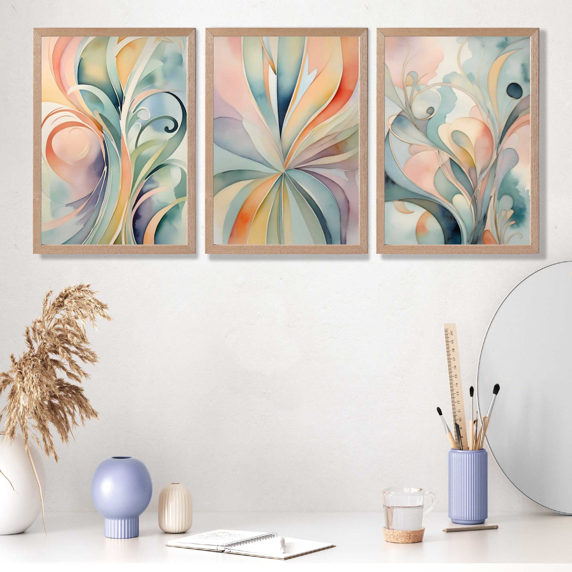 Set of 3 Art Deco Swirls in Pastel Colours Art Prints in Oak Frames | Artze UK