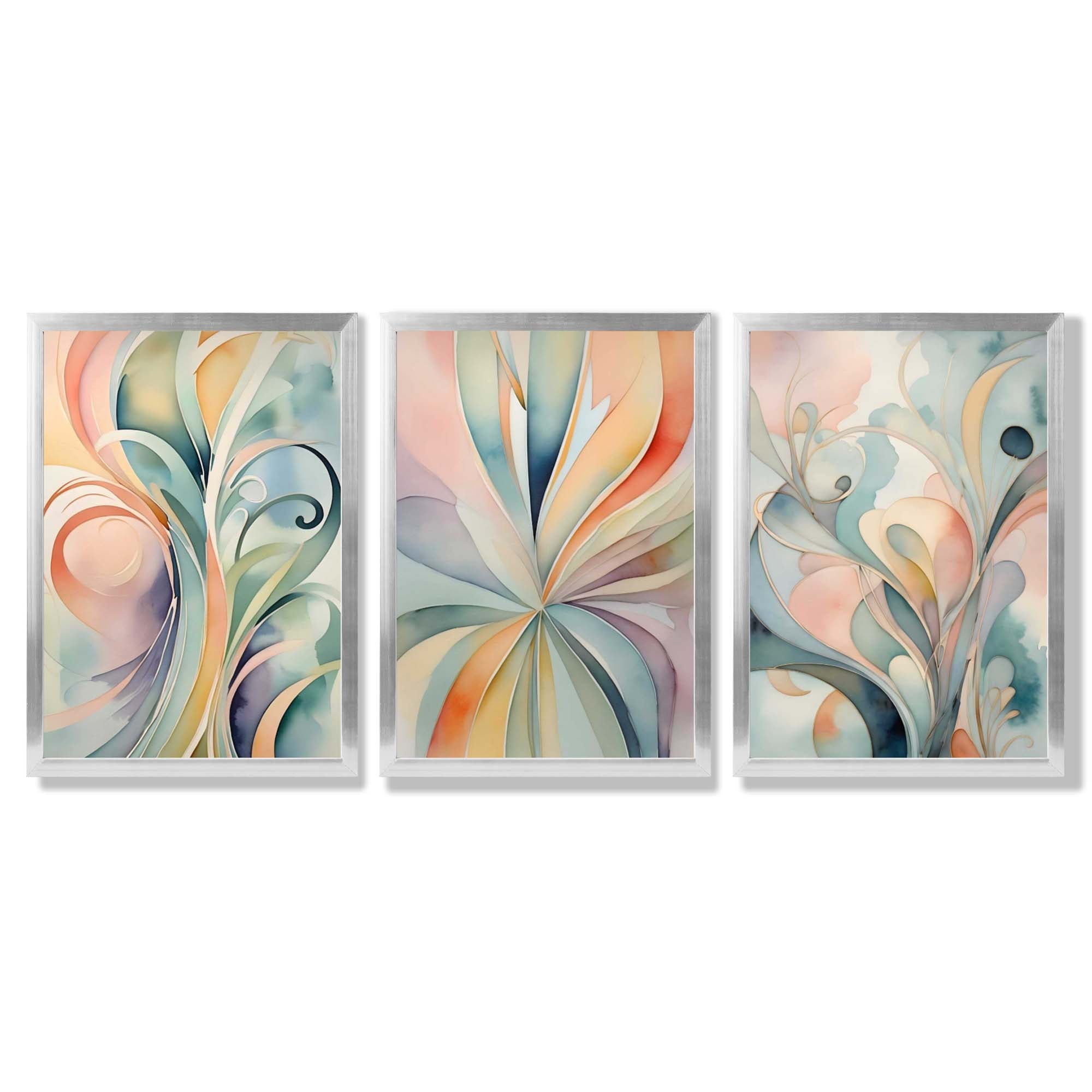 Set of 3 Art Deco Swirls in Pastel Colours Framed Art Prints with Silver Wood Frames