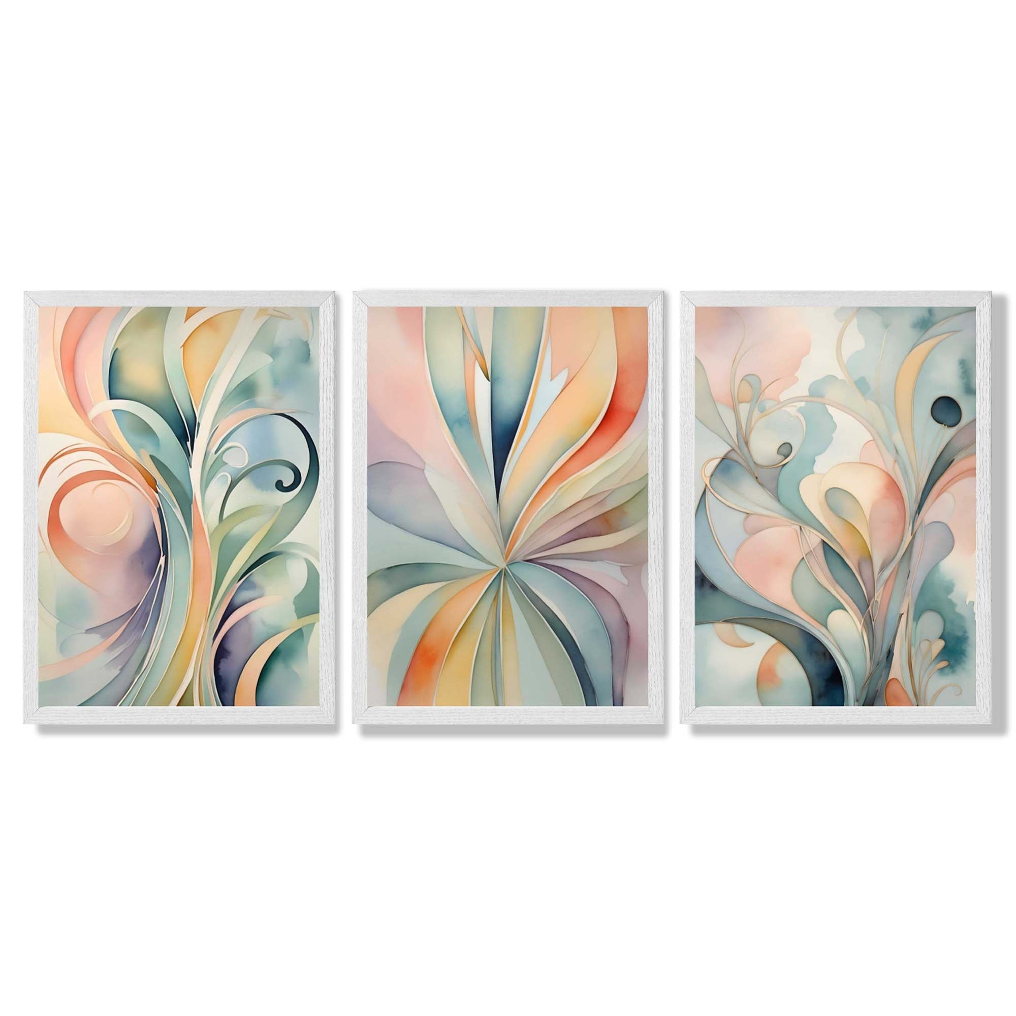 Set of 3 Art Deco Swirls in Pastel Colours Framed Art Prints with White Wooden Frames