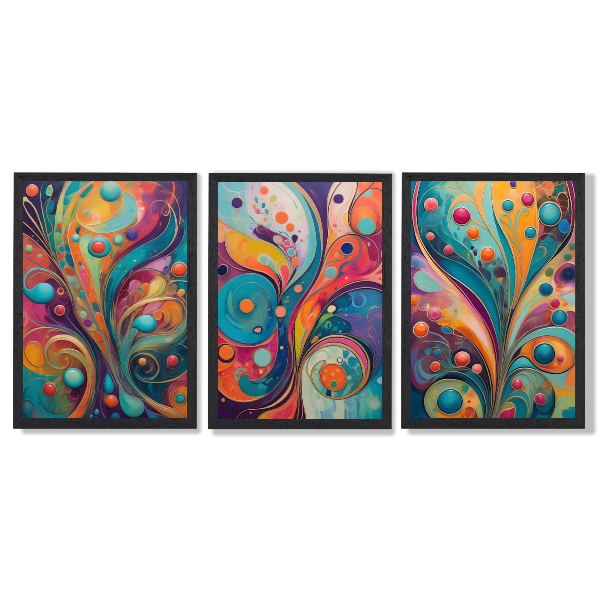 Set of 3 Art Deco Swirls in Bright Colours Framed Art Prints with Black Wooden Frames