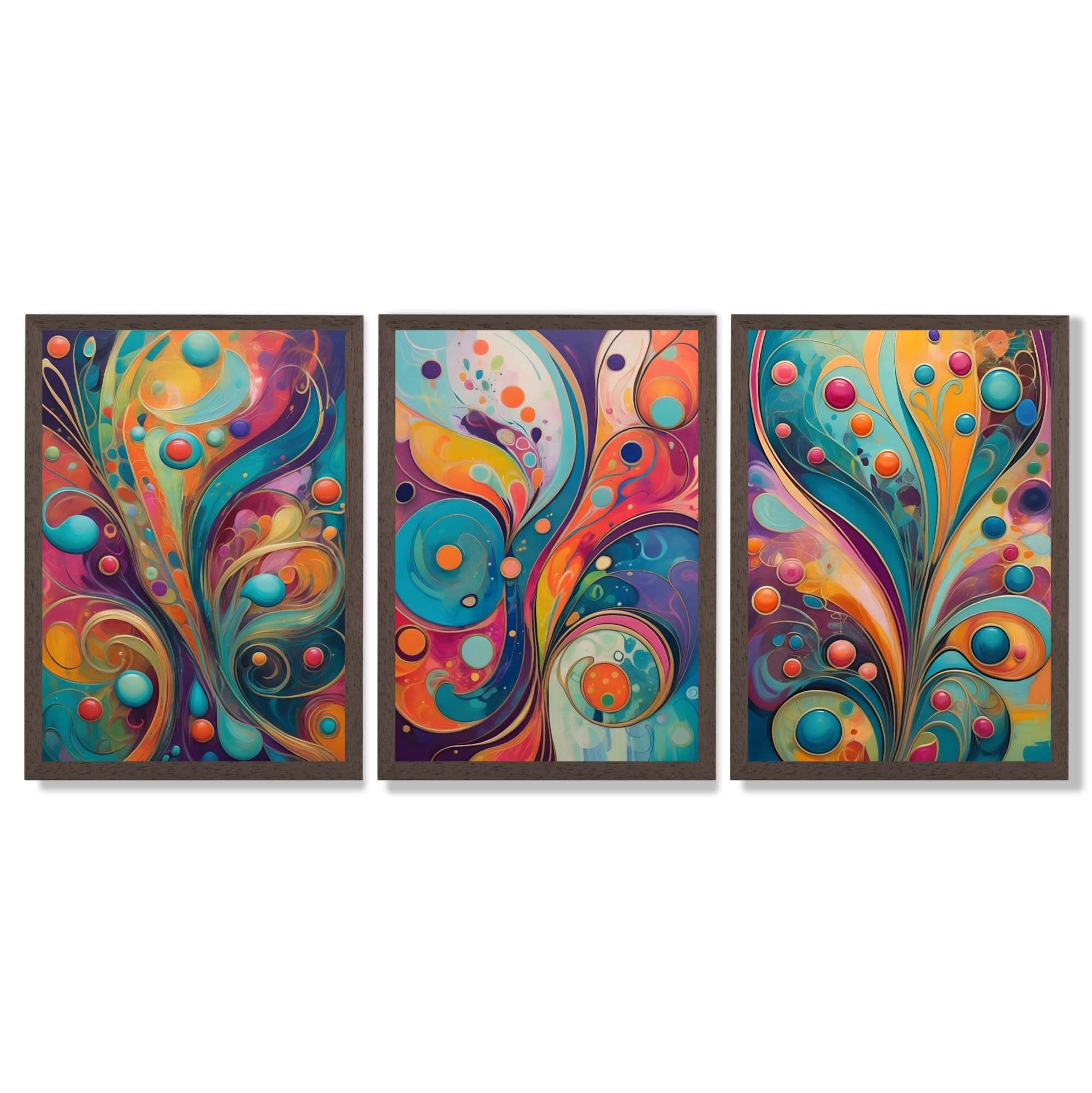 Set of 3 Art Deco Swirls in Bright Colours Framed Art Prints with Dark Wood Frames