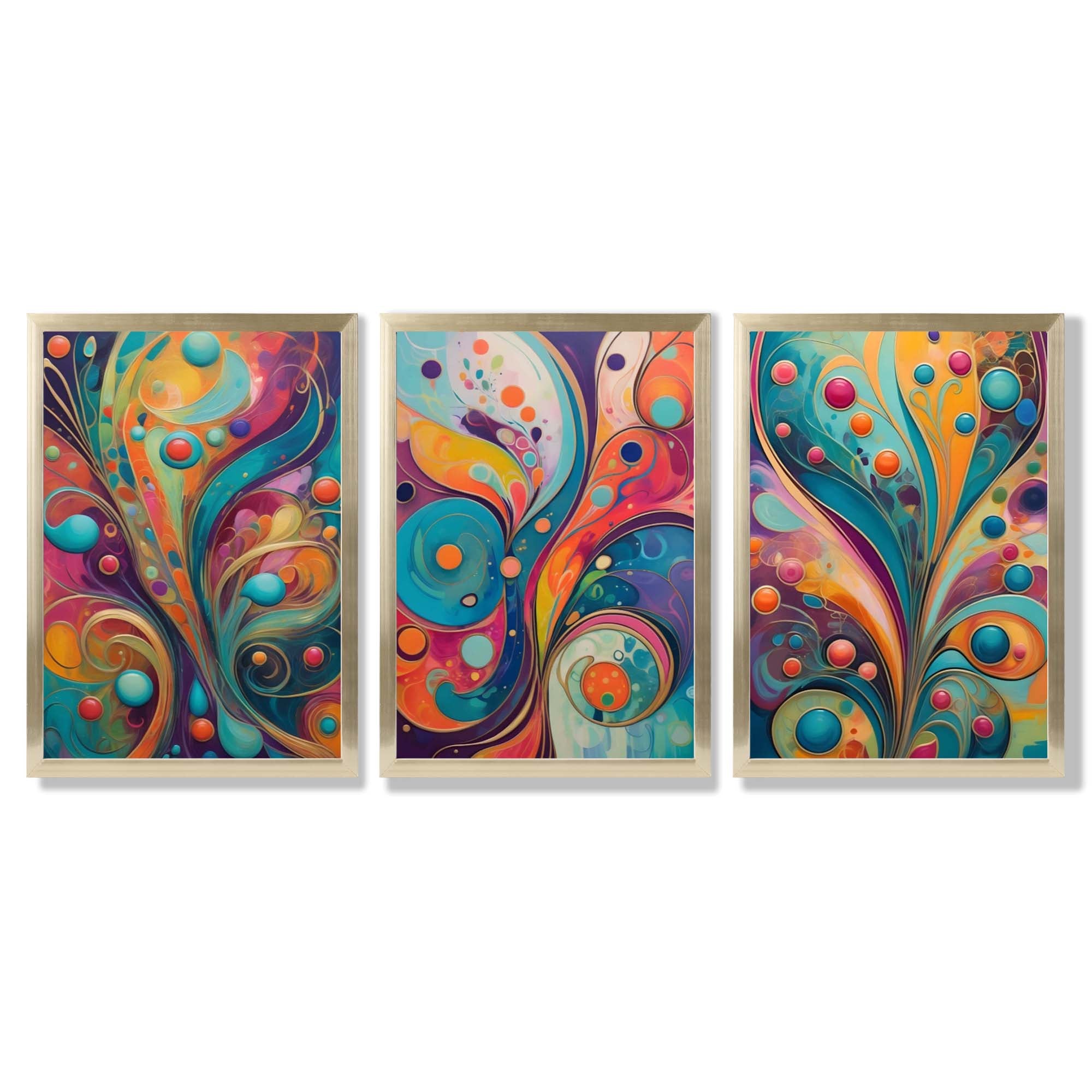 Set of 3 Art Deco Swirls in Bright Colours Framed Art Prints with Gold Wood Frames
