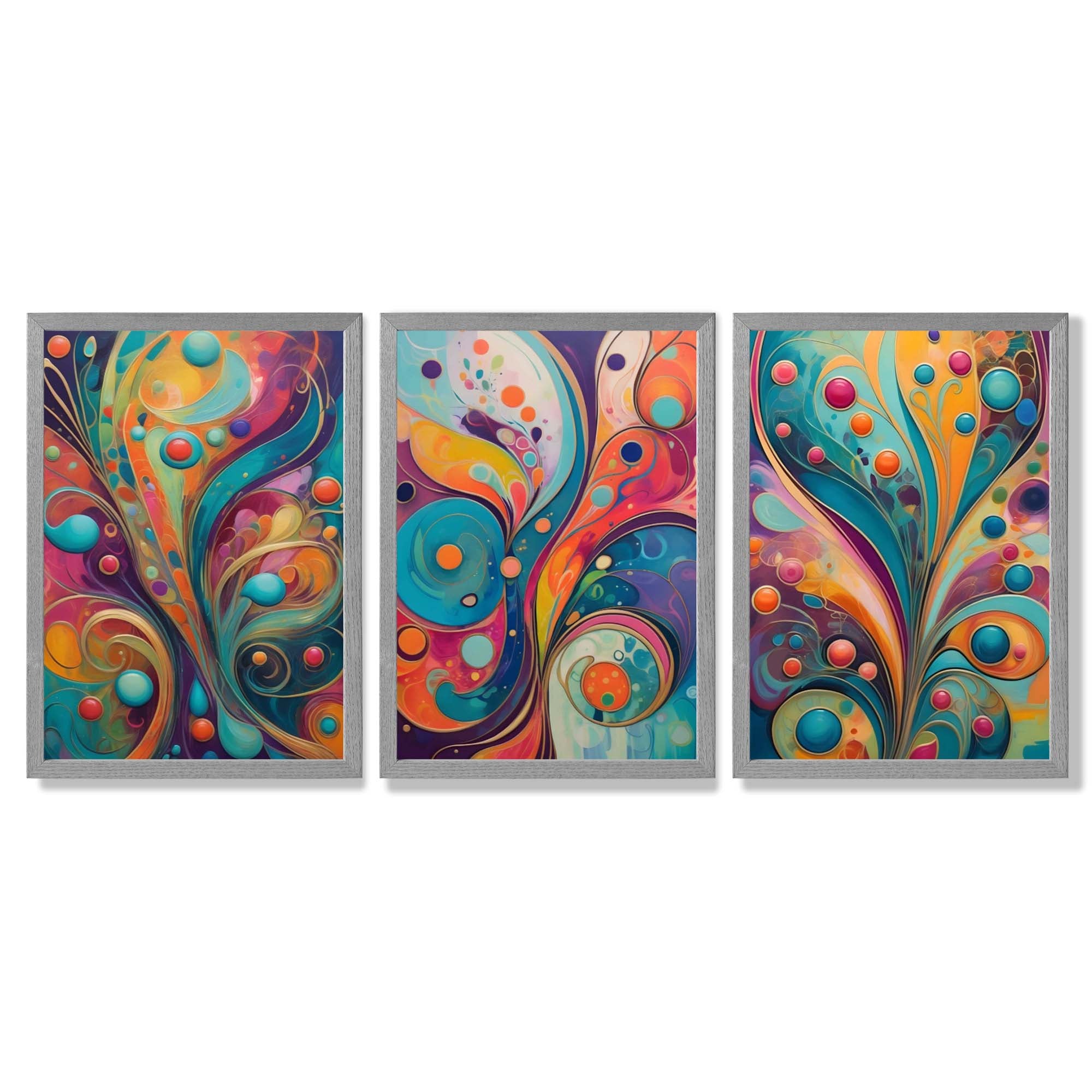 Set of 3 Art Deco Swirls in Bright Colours Framed Art Prints with Light Grey Wooden Frames