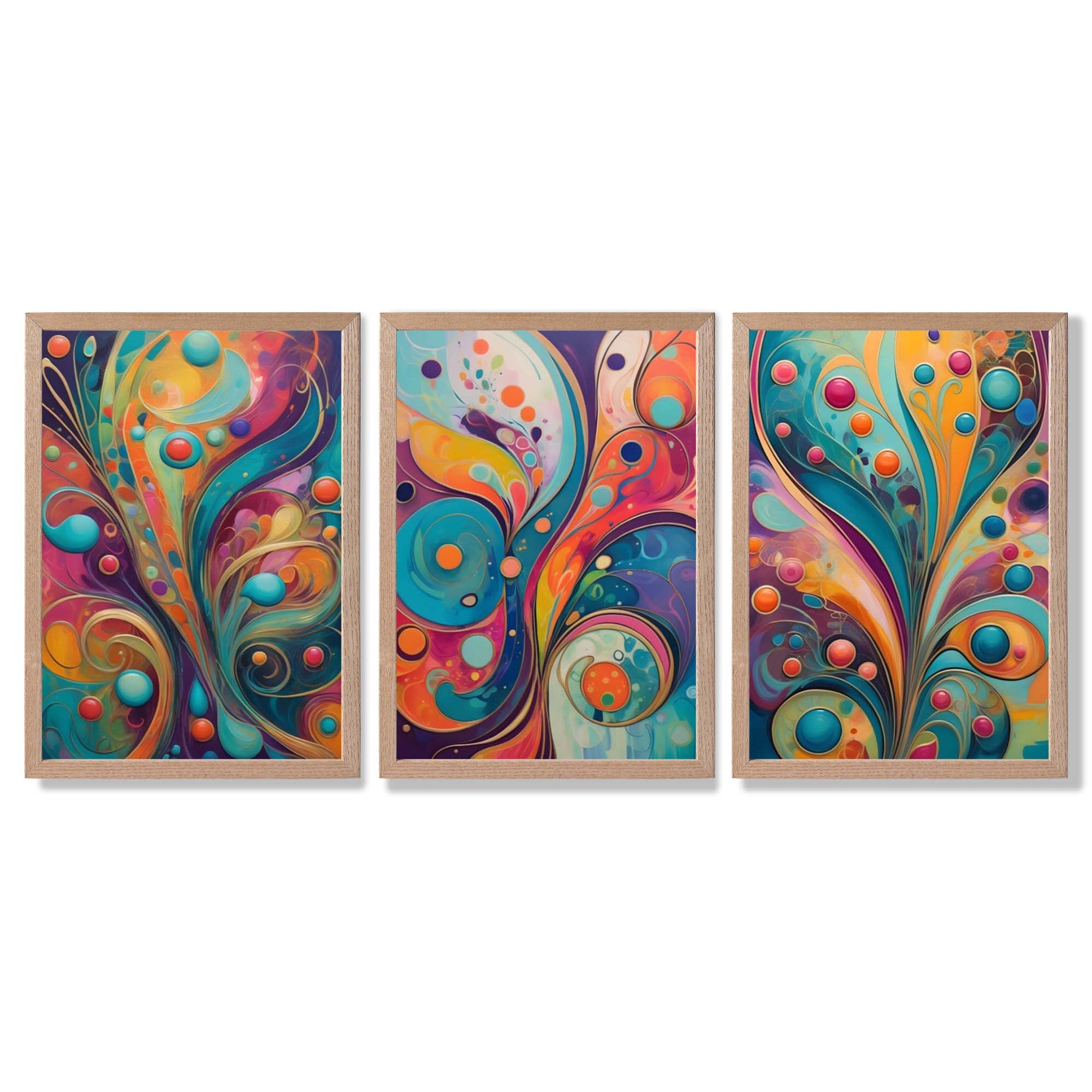 Set of 3 Art Deco Swirls in Bright Colours Framed Art Prints with Light Oak Frames