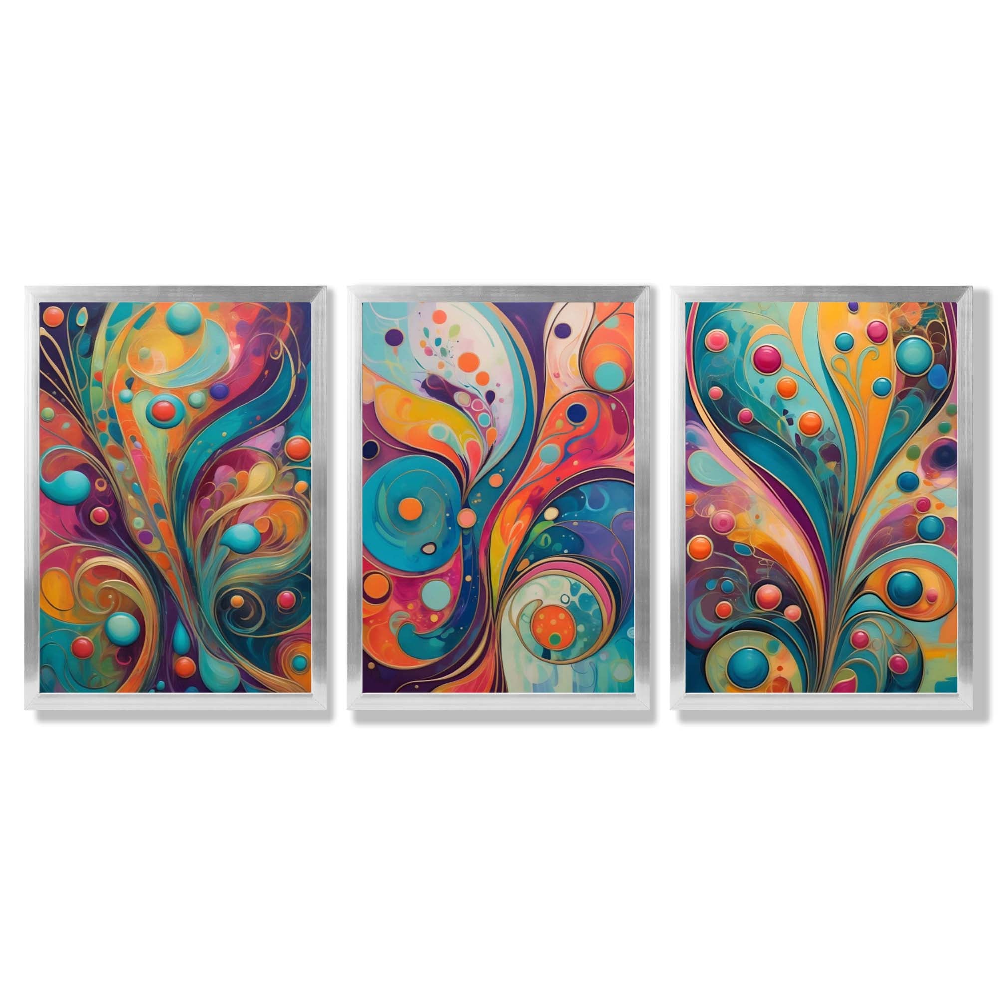 Set of 3 Art Deco Swirls in Bright Colours Framed Art Prints with Silver Wood Frames