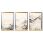 Set of 3 Neutral Forest and Mountains Framed Art Prints with Gold Wood Frames