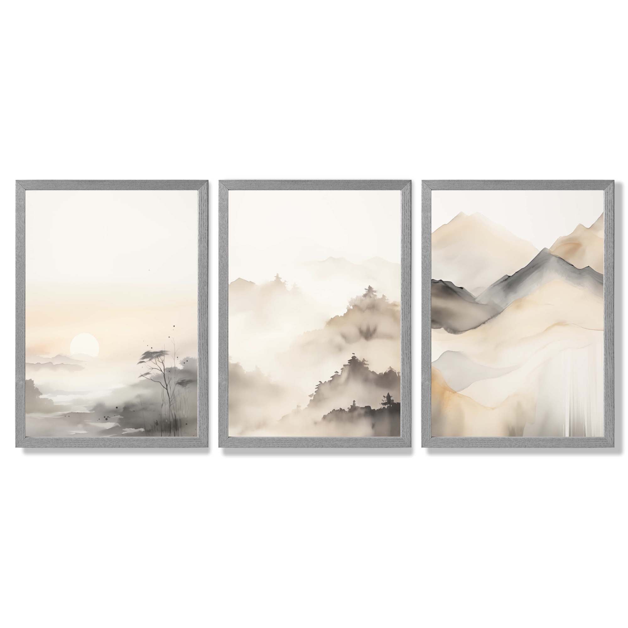 Set of 3 Neutral Forest and Mountains Framed Art Prints with Light Grey Wooden Frames