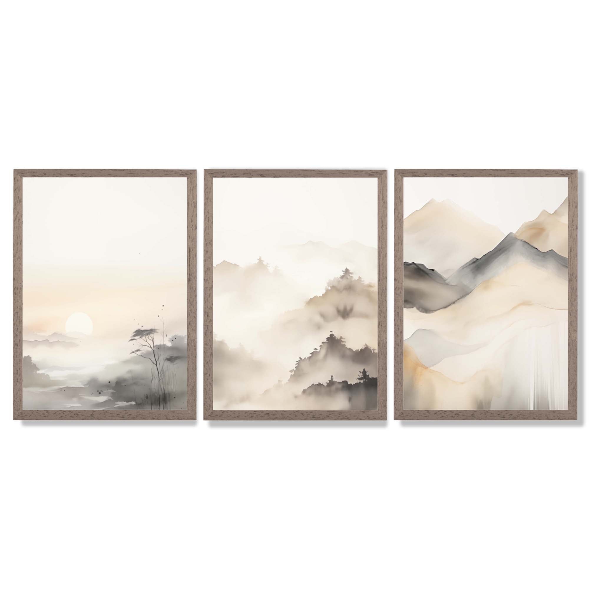 Set of 3 Neutral Forest and Mountains Framed Art Prints with Light Walnut Frames