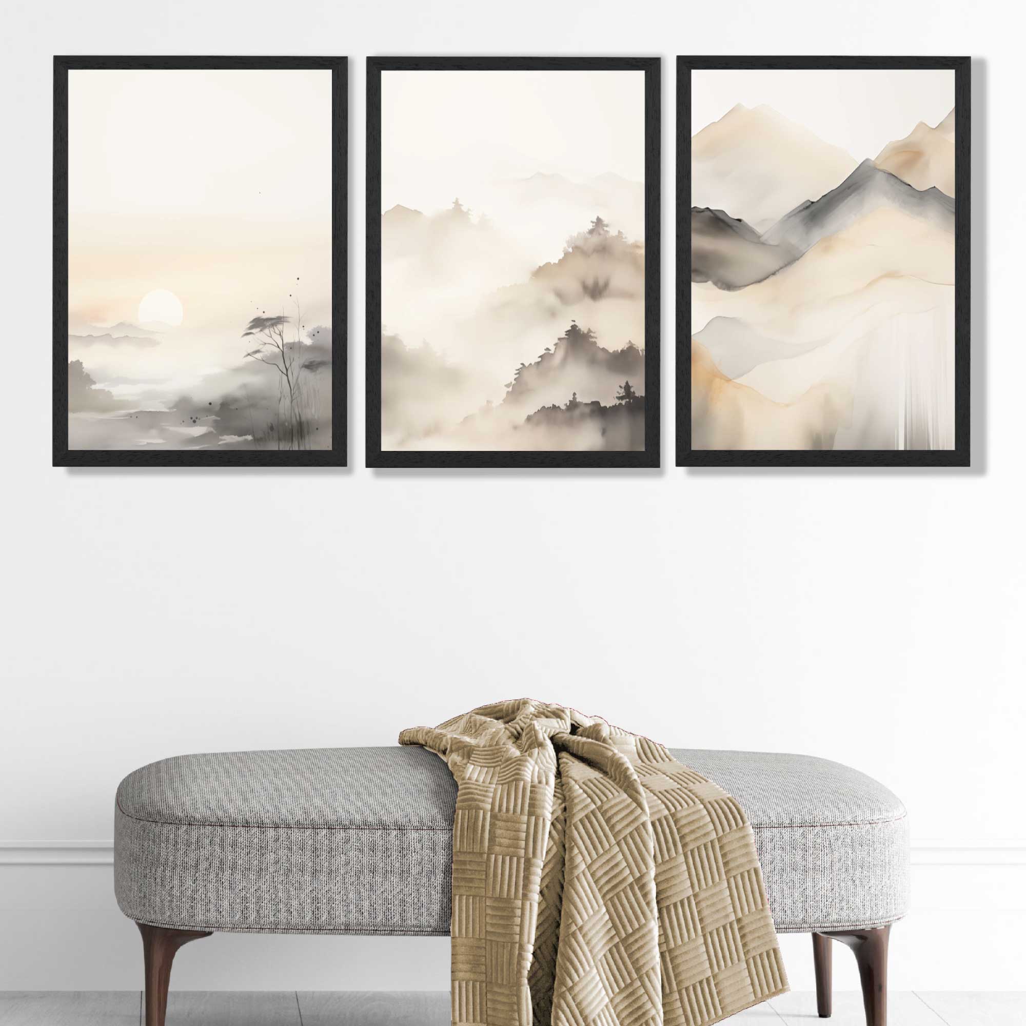 Set of 3 Neutral Forest and Mountains Framed Art Prints in Luxury Frames | Artze UK