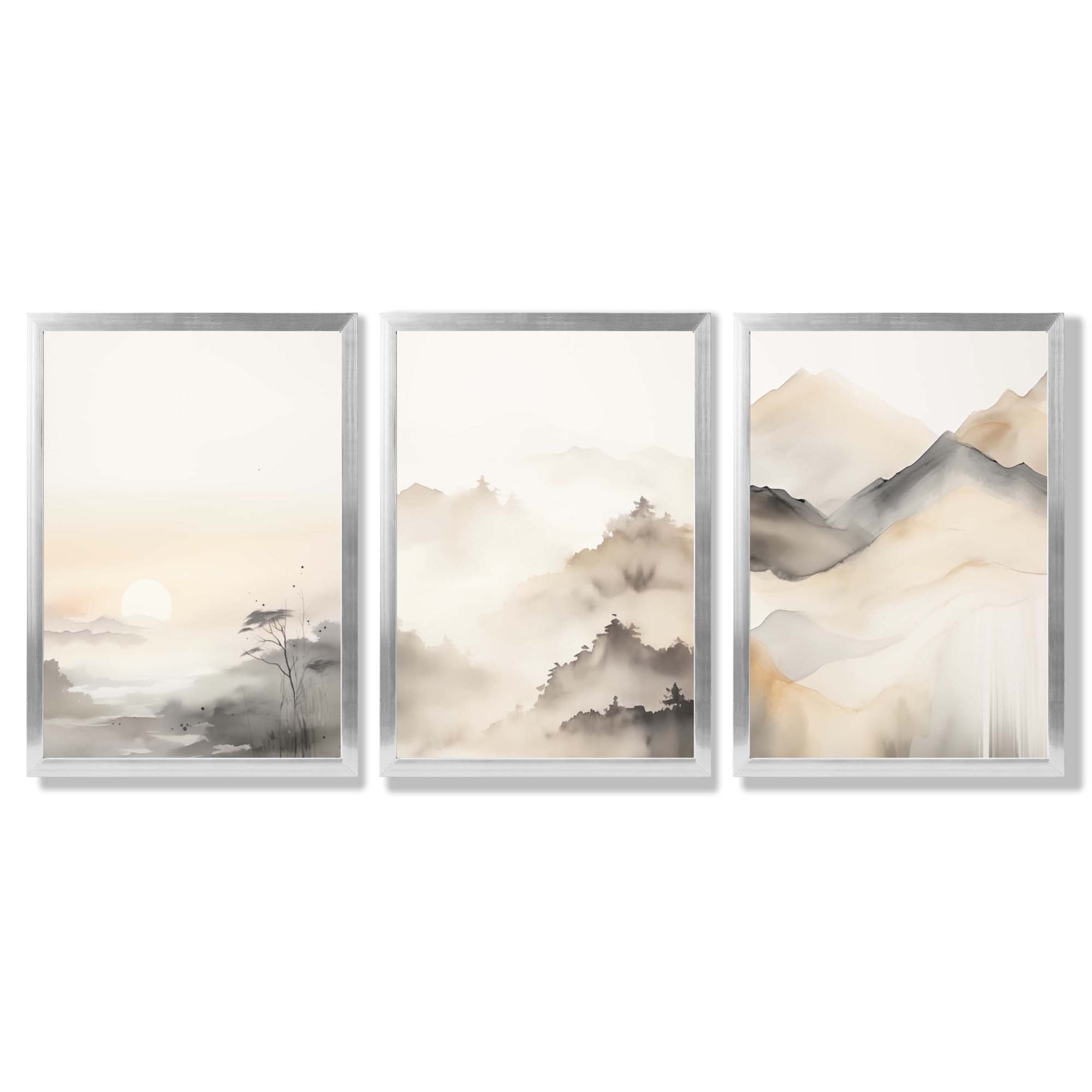 Set of 3 Neutral Forest and Mountains Framed Art Prints with Silver Wood Frames