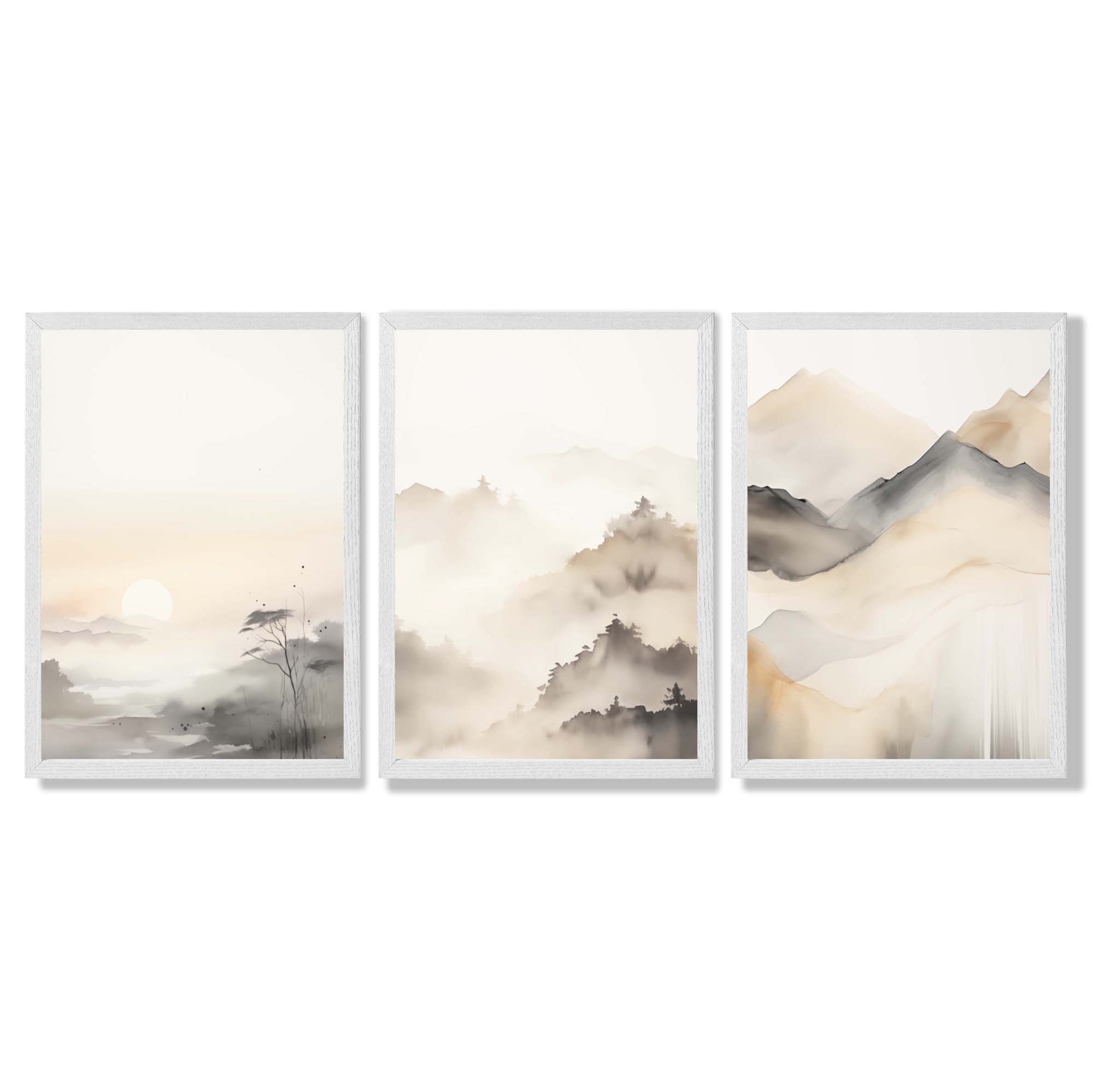 Set of 3 Neutral Forest and Mountains Framed Art Prints with White Wooden Frames