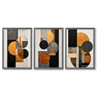 Geometric Circles In Orange and Grey Set of 3 Framed Art Prints with Dark Grey Wooden Frames