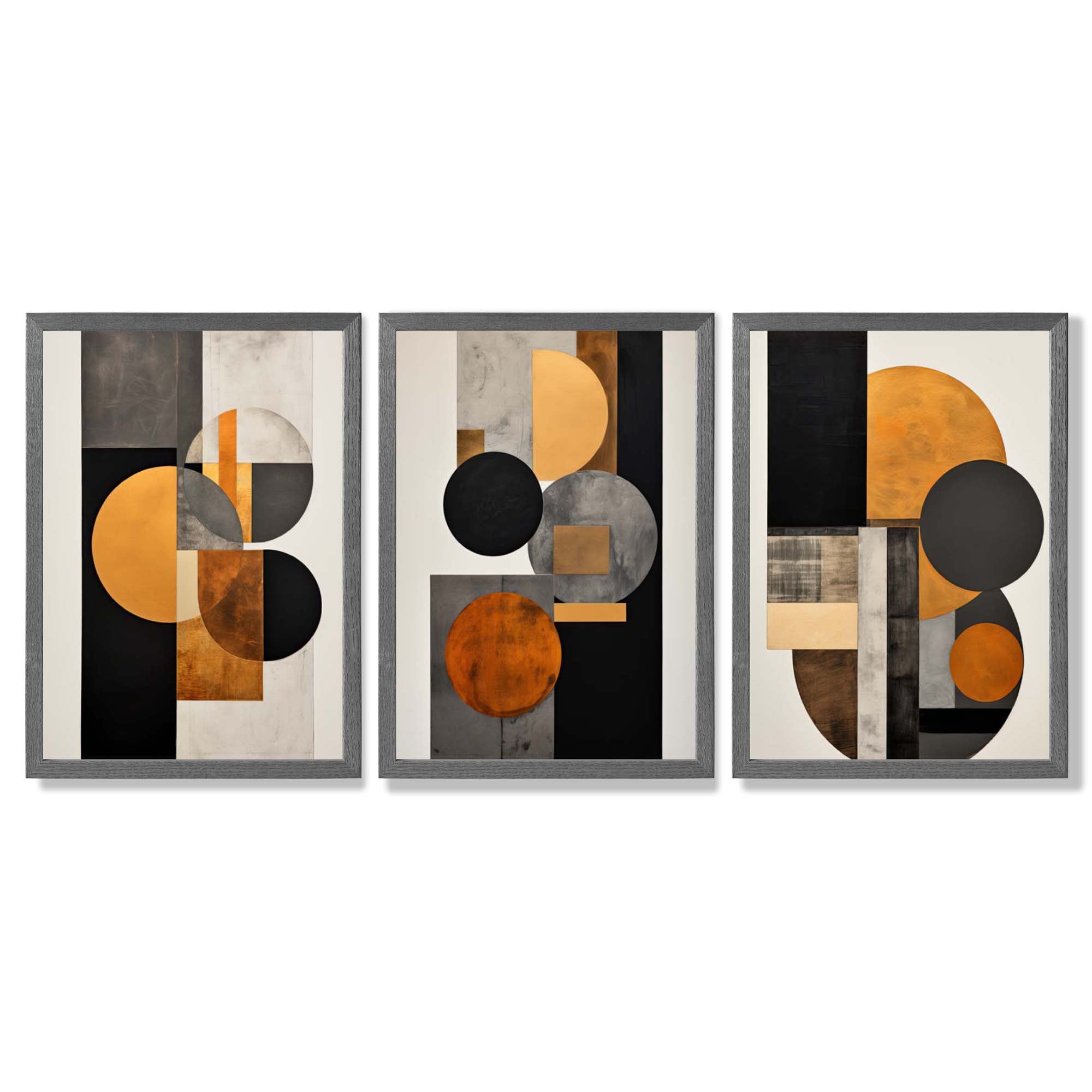 Geometric Circles In Orange and Grey Set of 3 Framed Art Prints with Dark Grey Wooden Frames