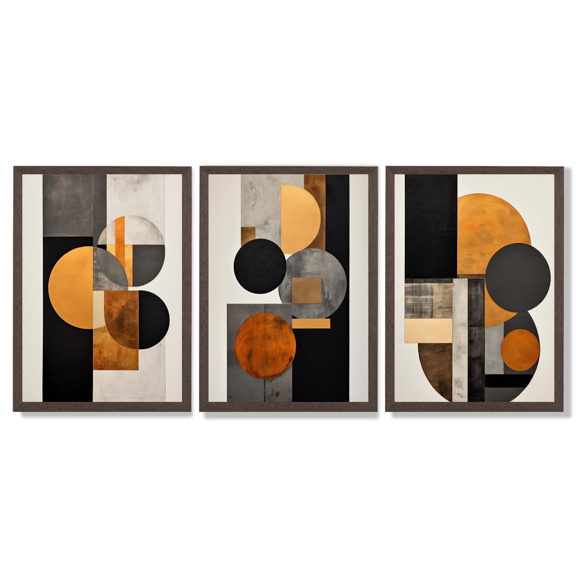 Geometric Circles In Orange and Grey Set of 3 Framed Art Prints with Dark Wood Frames