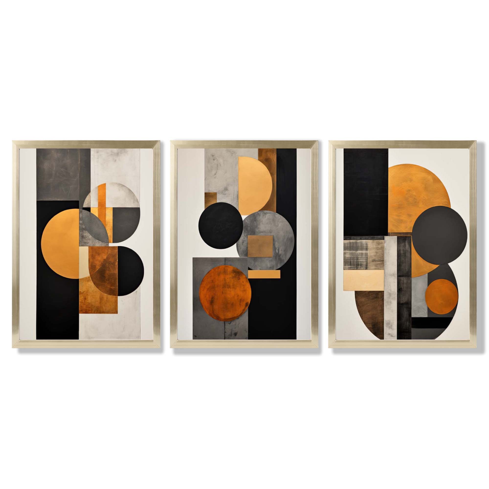 Geometric Circles In Orange and Grey Set of 3 Framed Art Prints with Gold Wood Frames