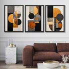 Geometric Circles In Orange and Grey Set of 3 Art Prints in Black Frames | Artze UK