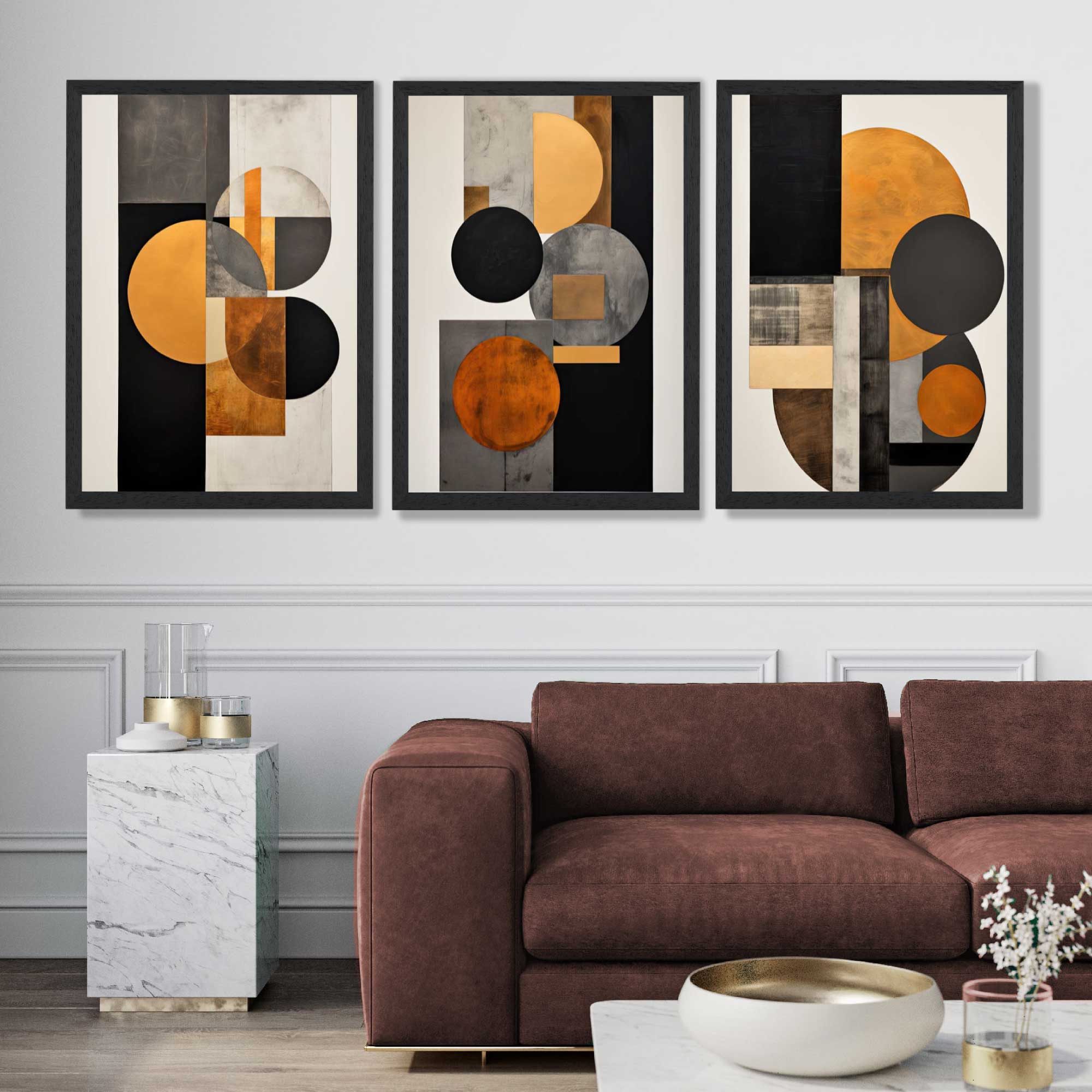 Geometric Circles In Orange and Grey Set of 3 Art Prints in Black Frames | Artze UK