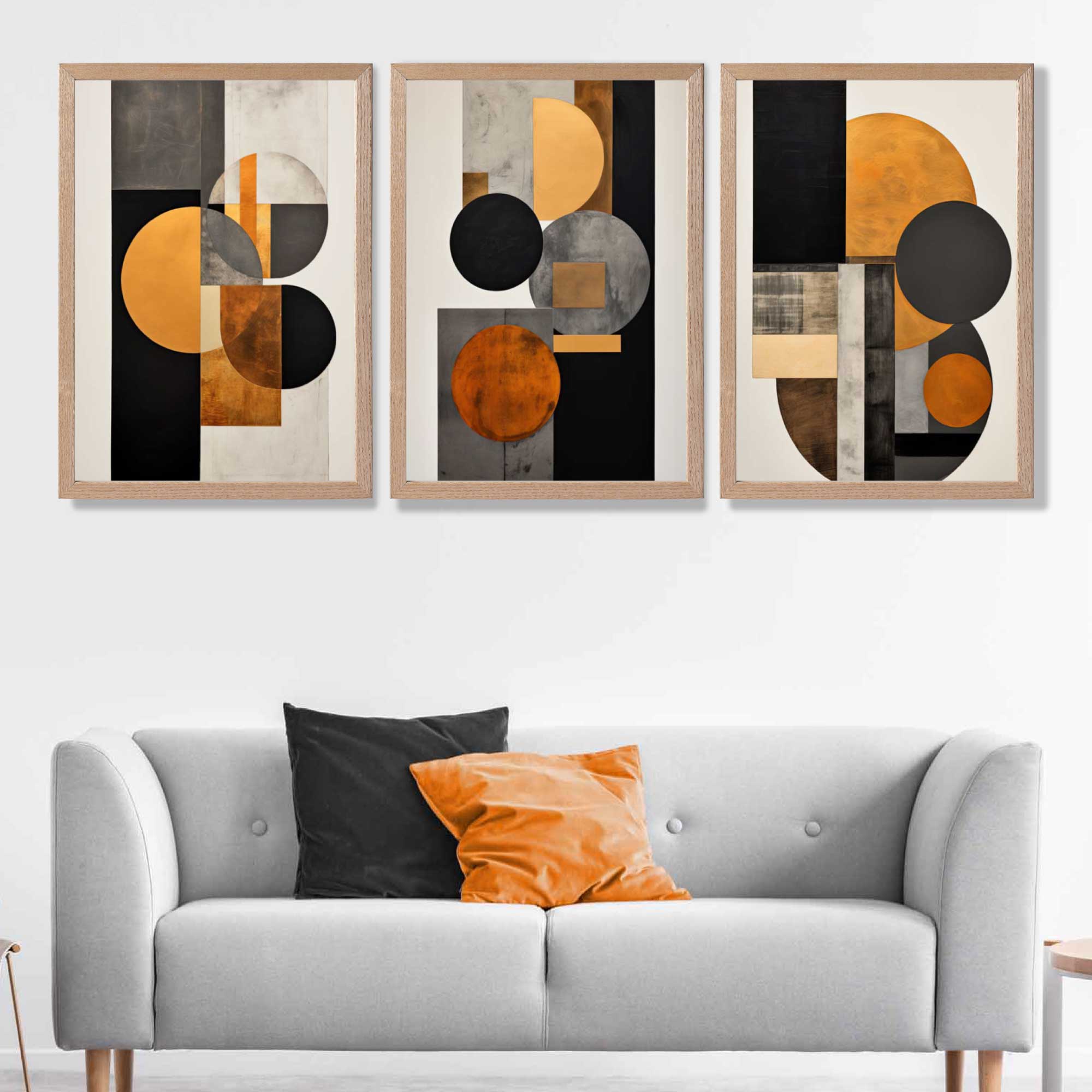 Geometric Circles In Orange and Grey Set of 3 Art Prints in Oak Frames | Artze UK