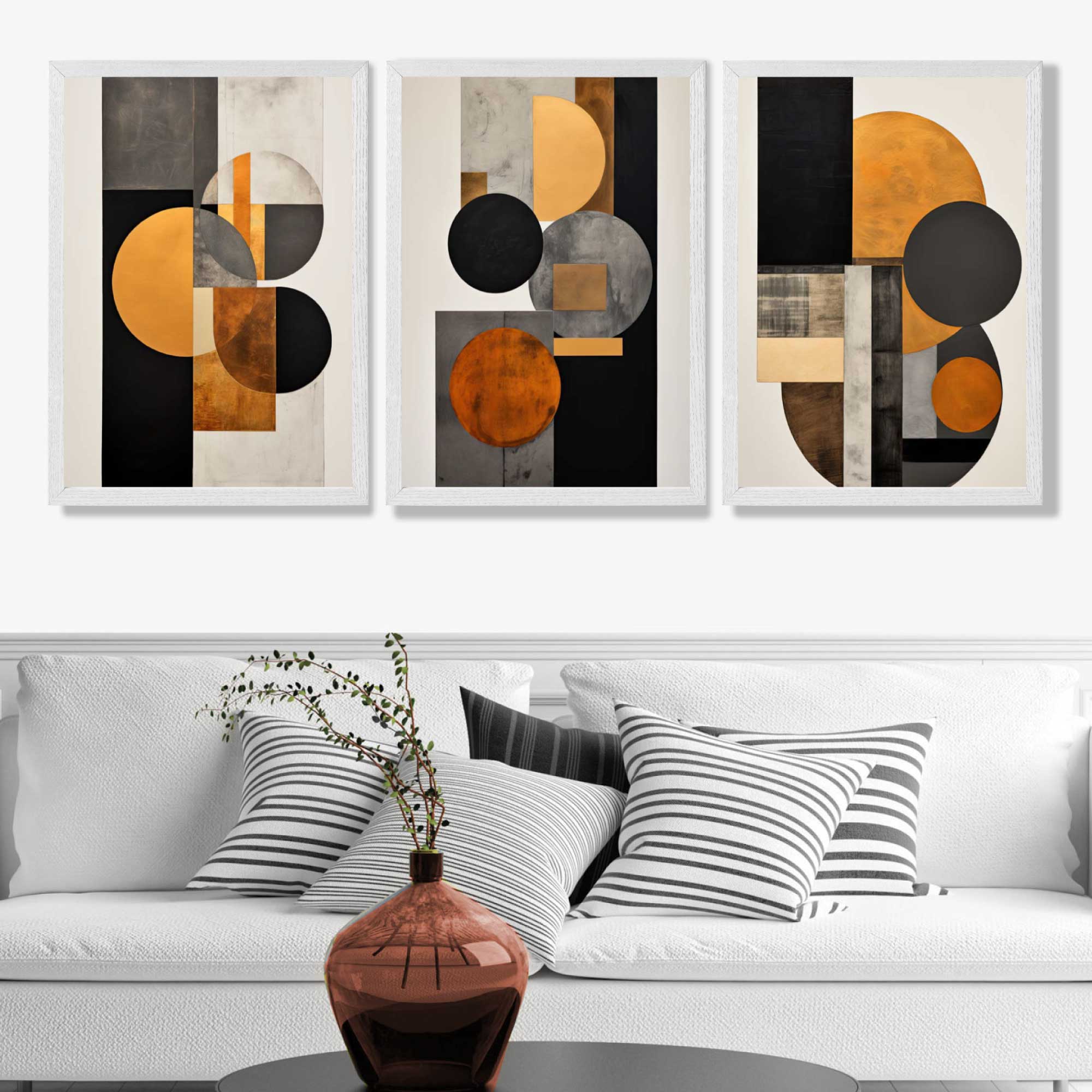 Geometric Circles In Orange and Grey Set of 3 Art Prints in White Frames | Artze UK