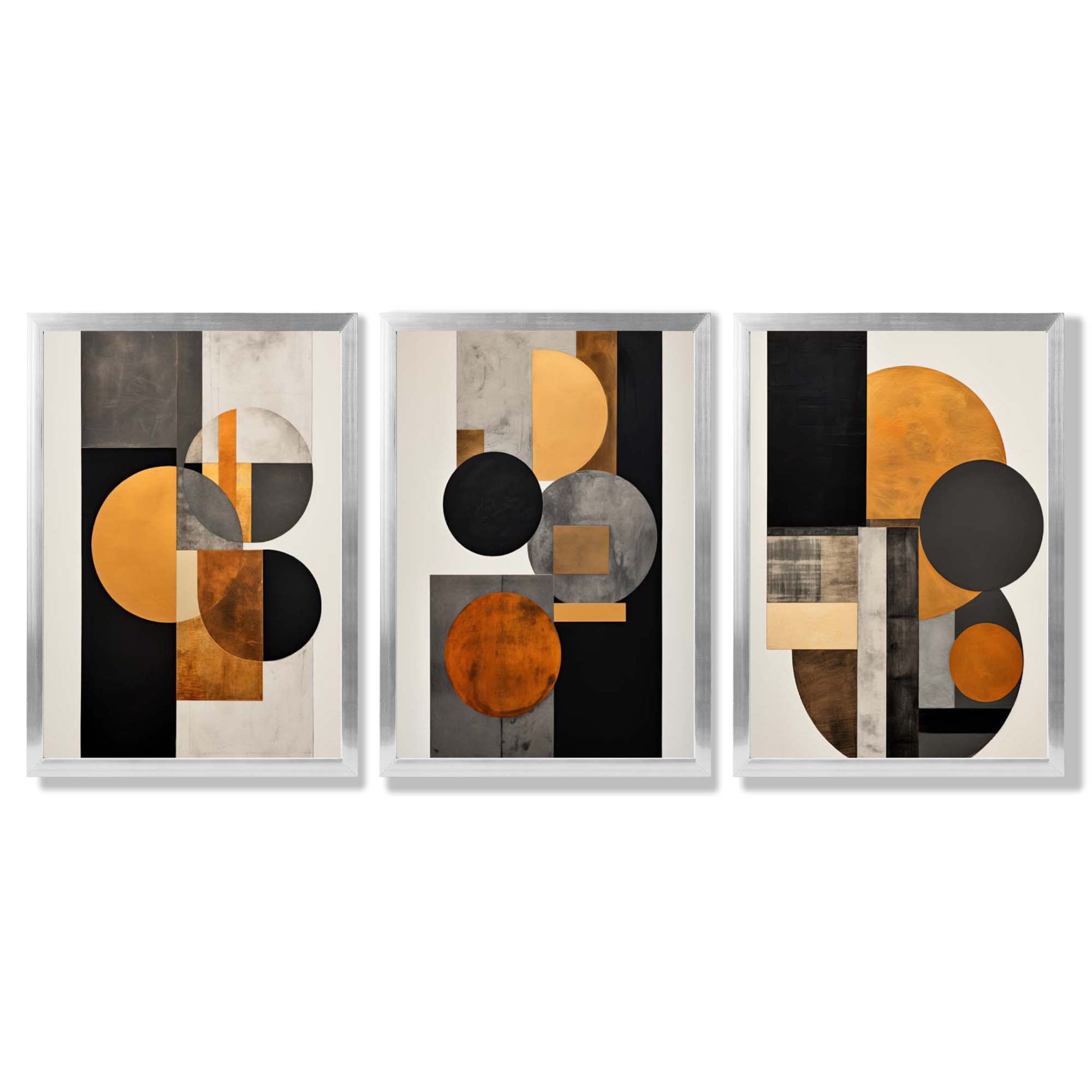 Geometric Circles In Orange and Grey Set of 3 Framed Art Prints with Silver Wood Frames