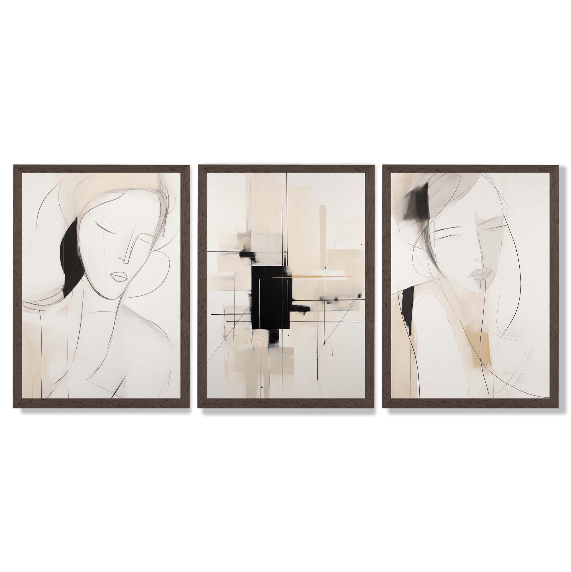 Set of 3 Abstract Fashion Sketches in Beige and Black Framed Art Prints with Dark Wood Frames