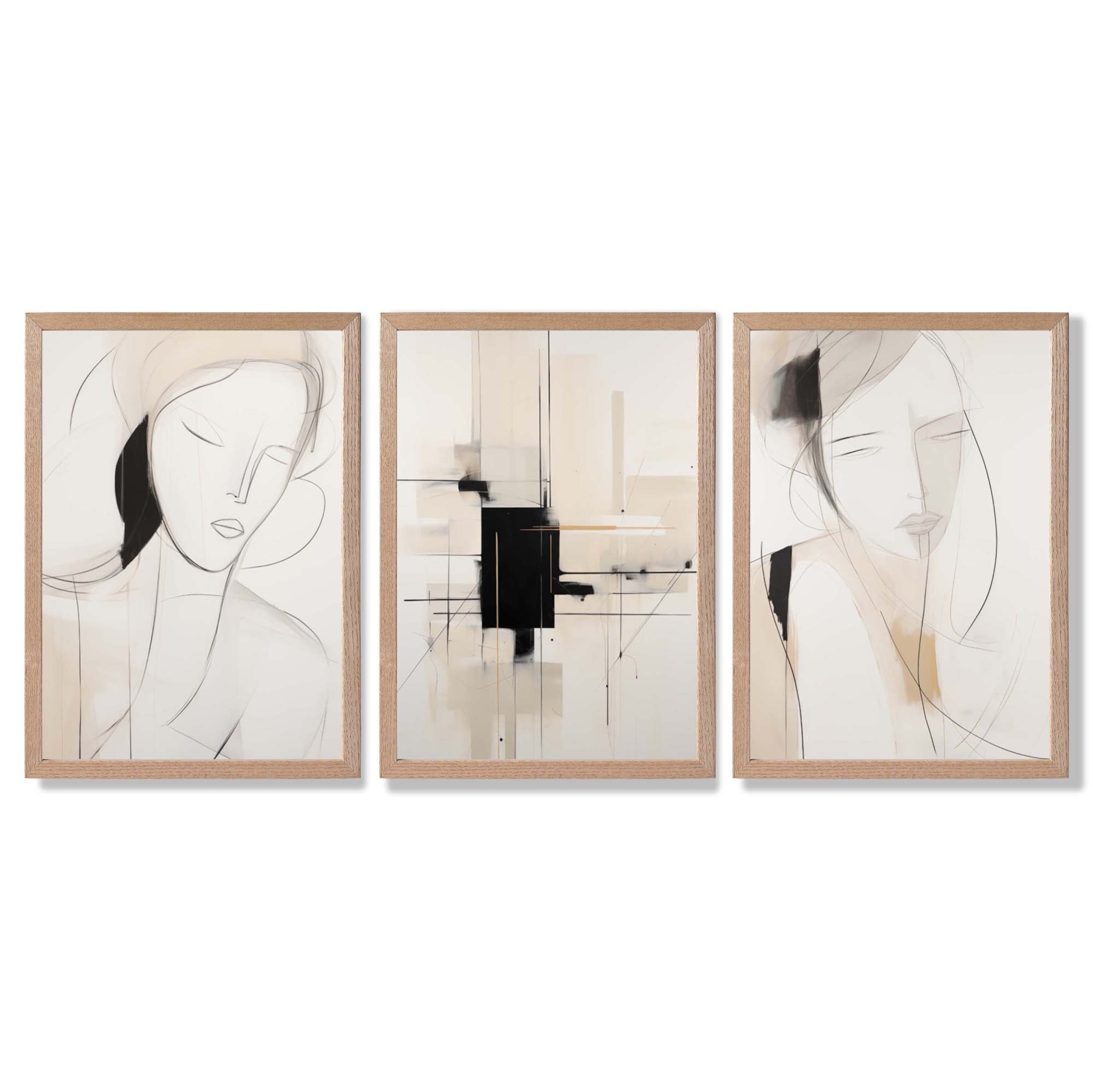 Set of 3 Abstract Fashion Sketches in Beige and Black Framed Art Prints with Light Oak Frames