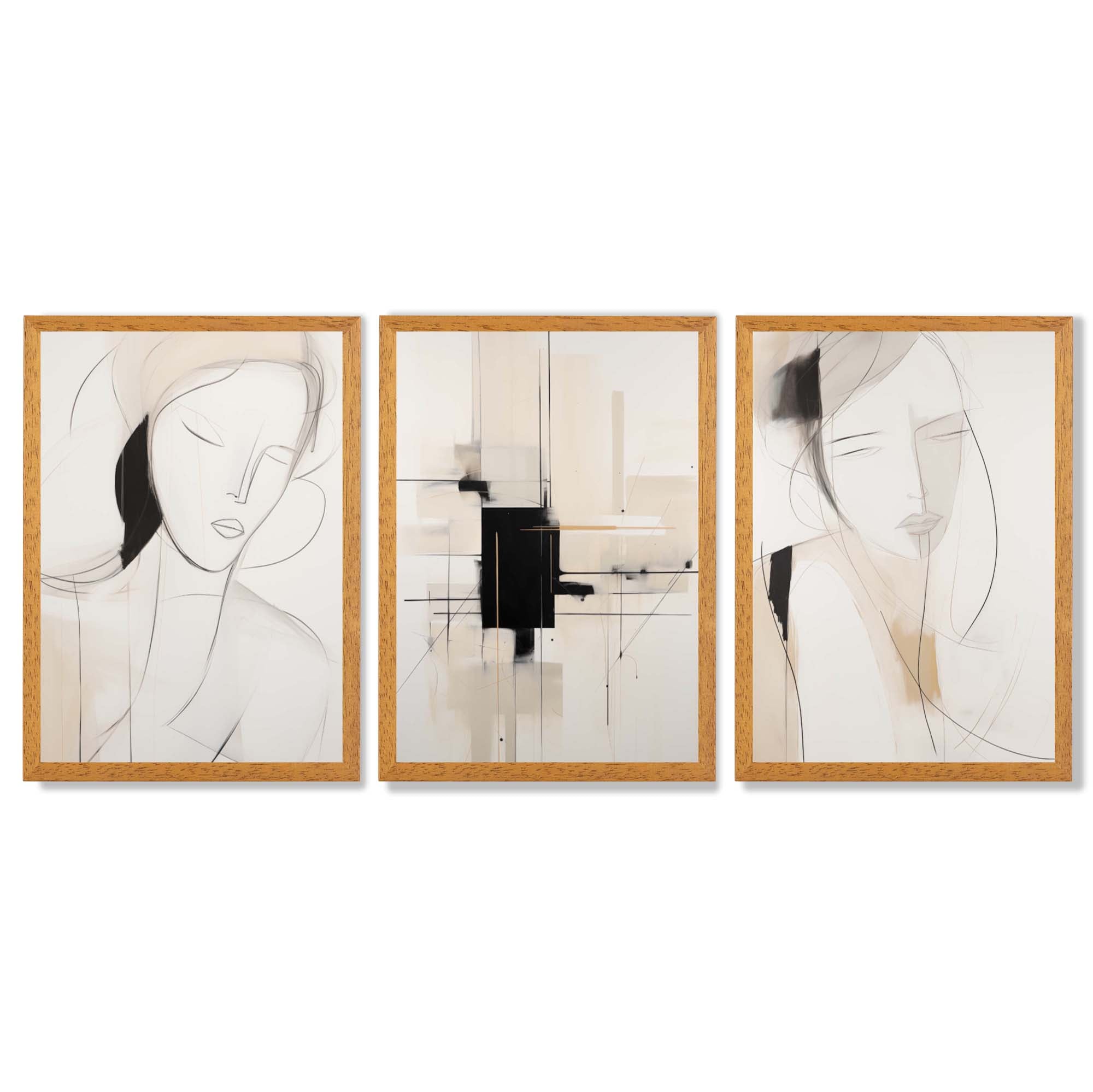 Set of 3 Abstract Fashion Sketches in Beige and Black Framed Art Prints with Oak Wooden Frames