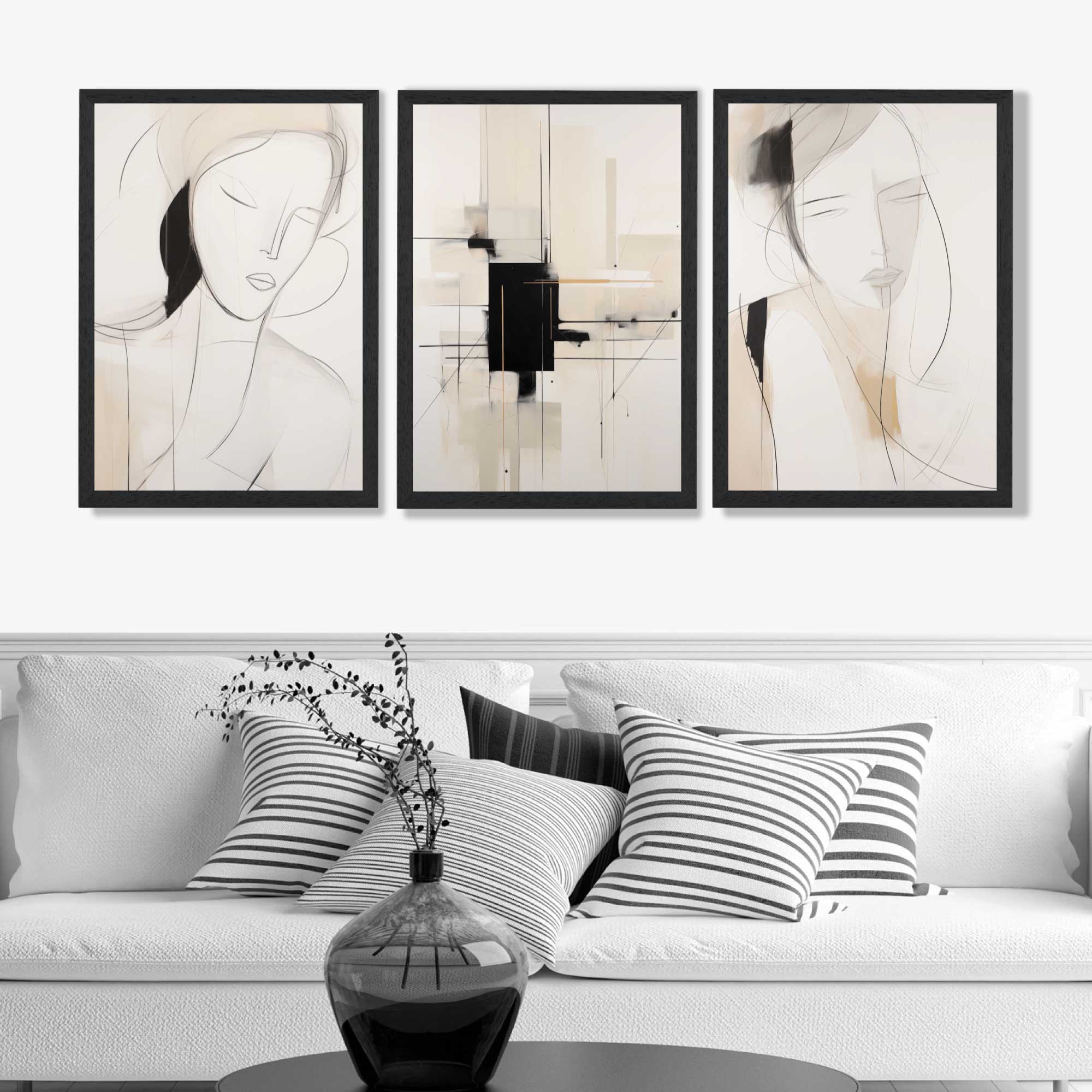 Set of 3 Abstract Fashion Sketches in Beige and Black Art Prints in Black Frames | Artze UK
