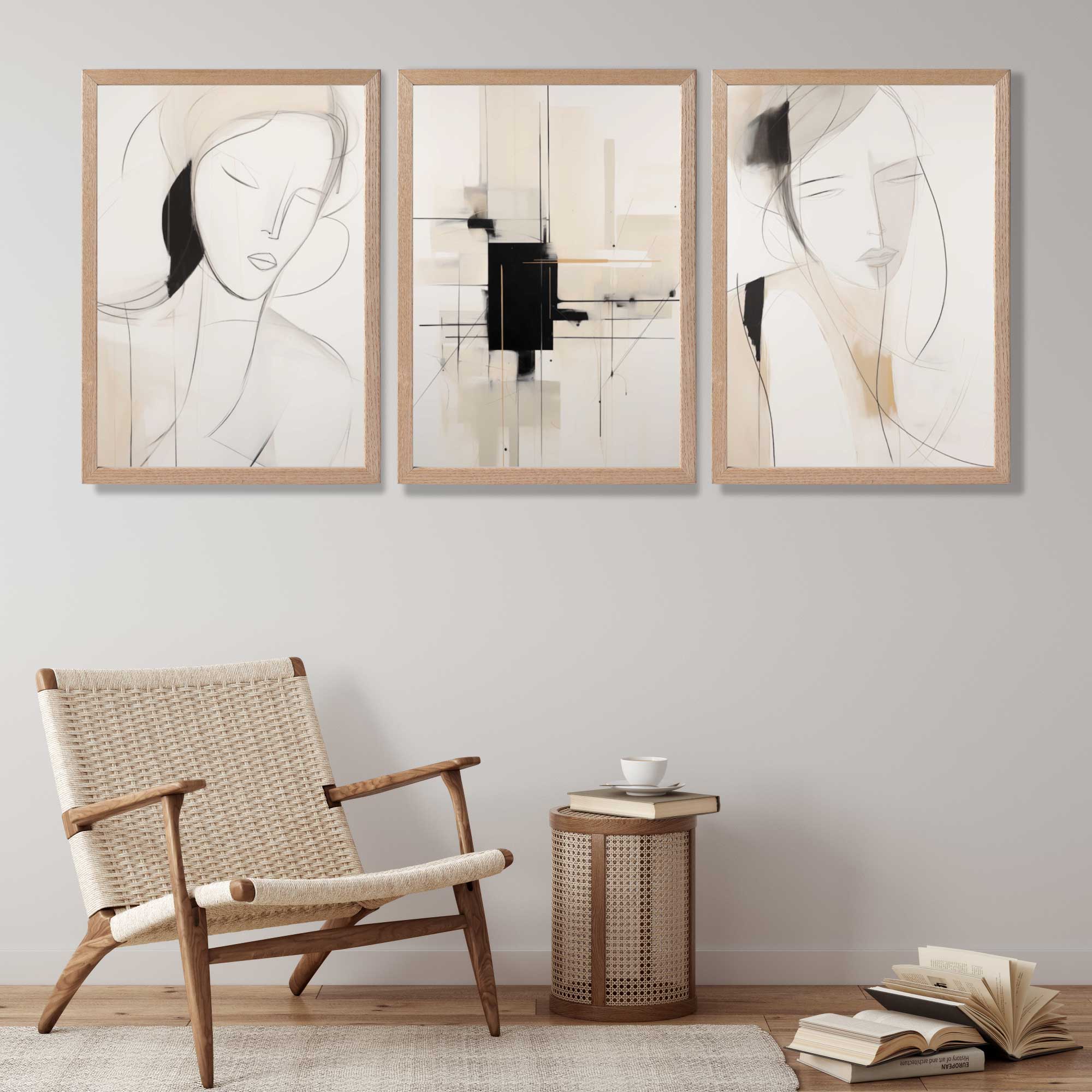 Set of 3 Abstract Fashion Sketches in Beige and Black Art Prints in Oak Frames | Artze UK