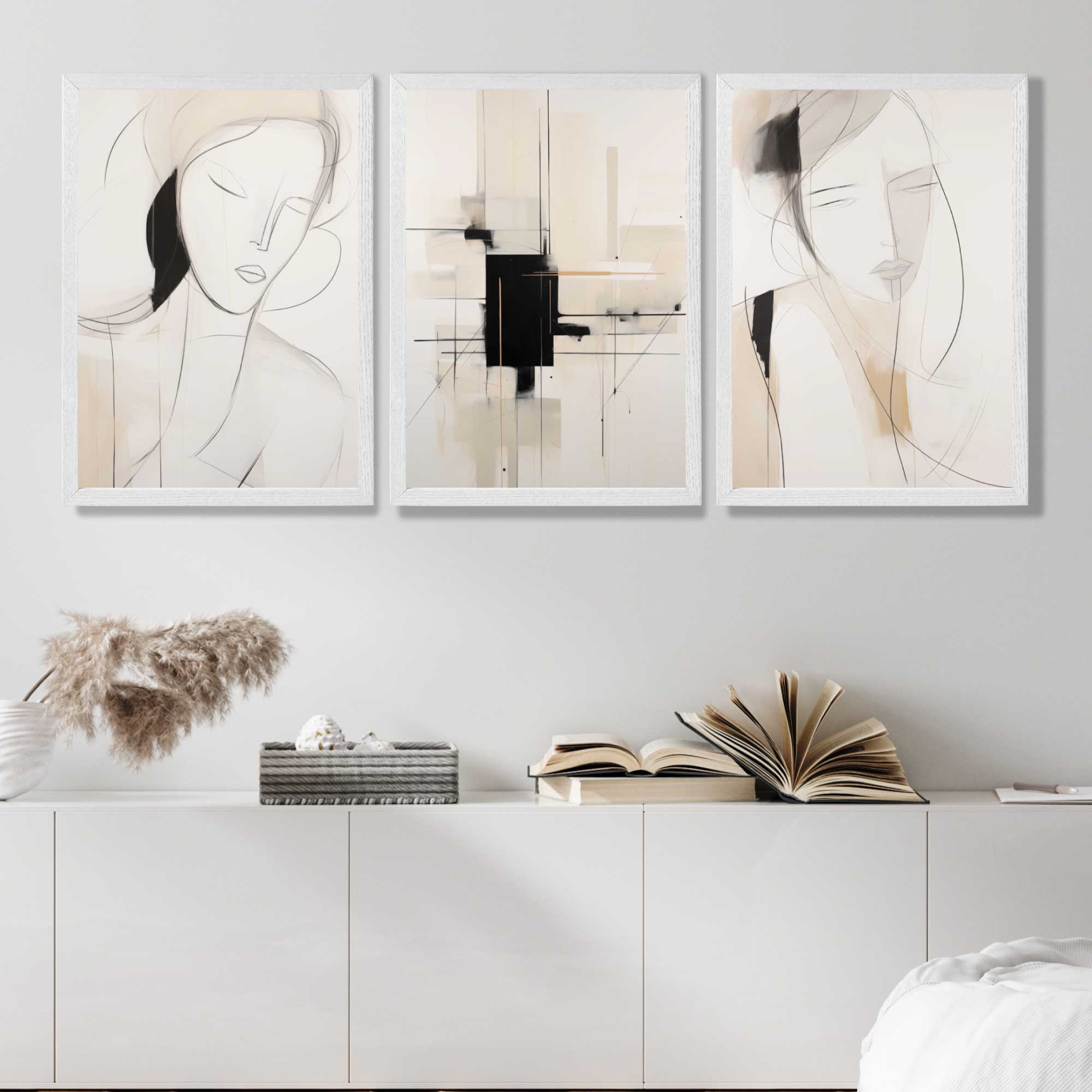 Set of 3 Abstract Fashion Sketches in Beige and Black Art Prints in White Frames | Artze UK