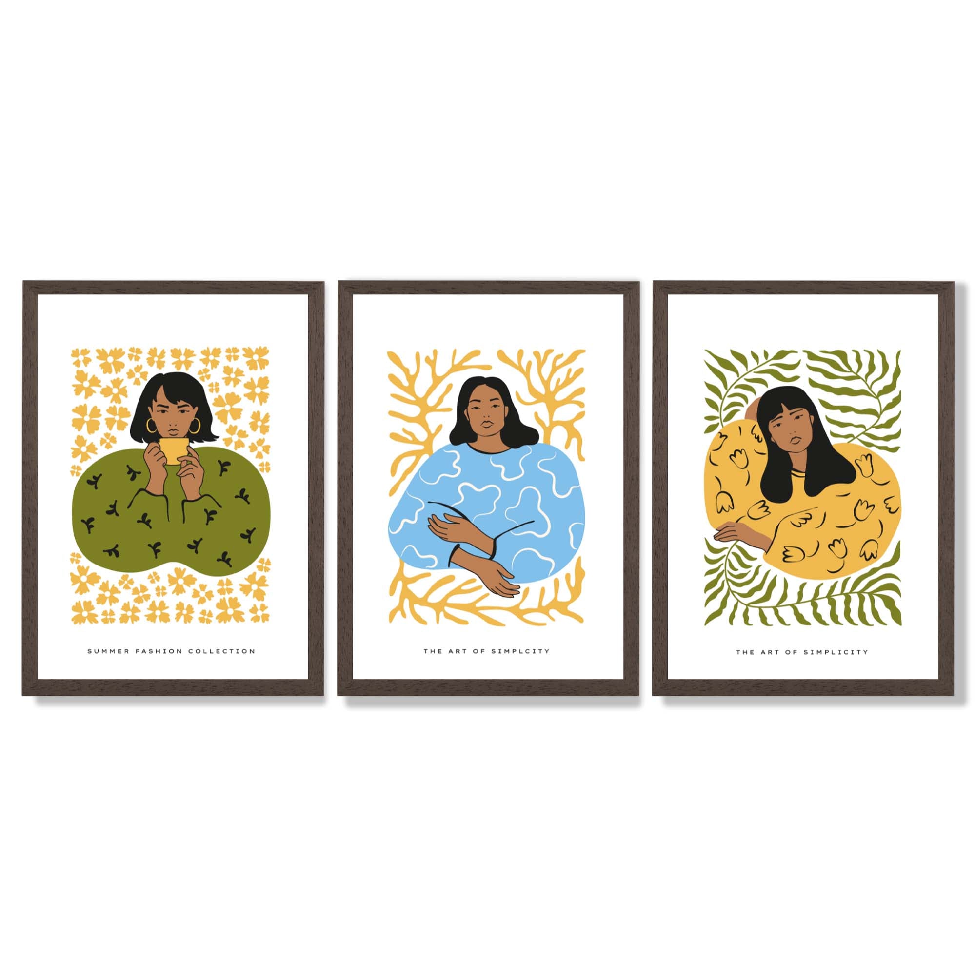 Set of 3 Boho Fashion in Green and Yellow Framed Art Prints with Dark Wood Frames