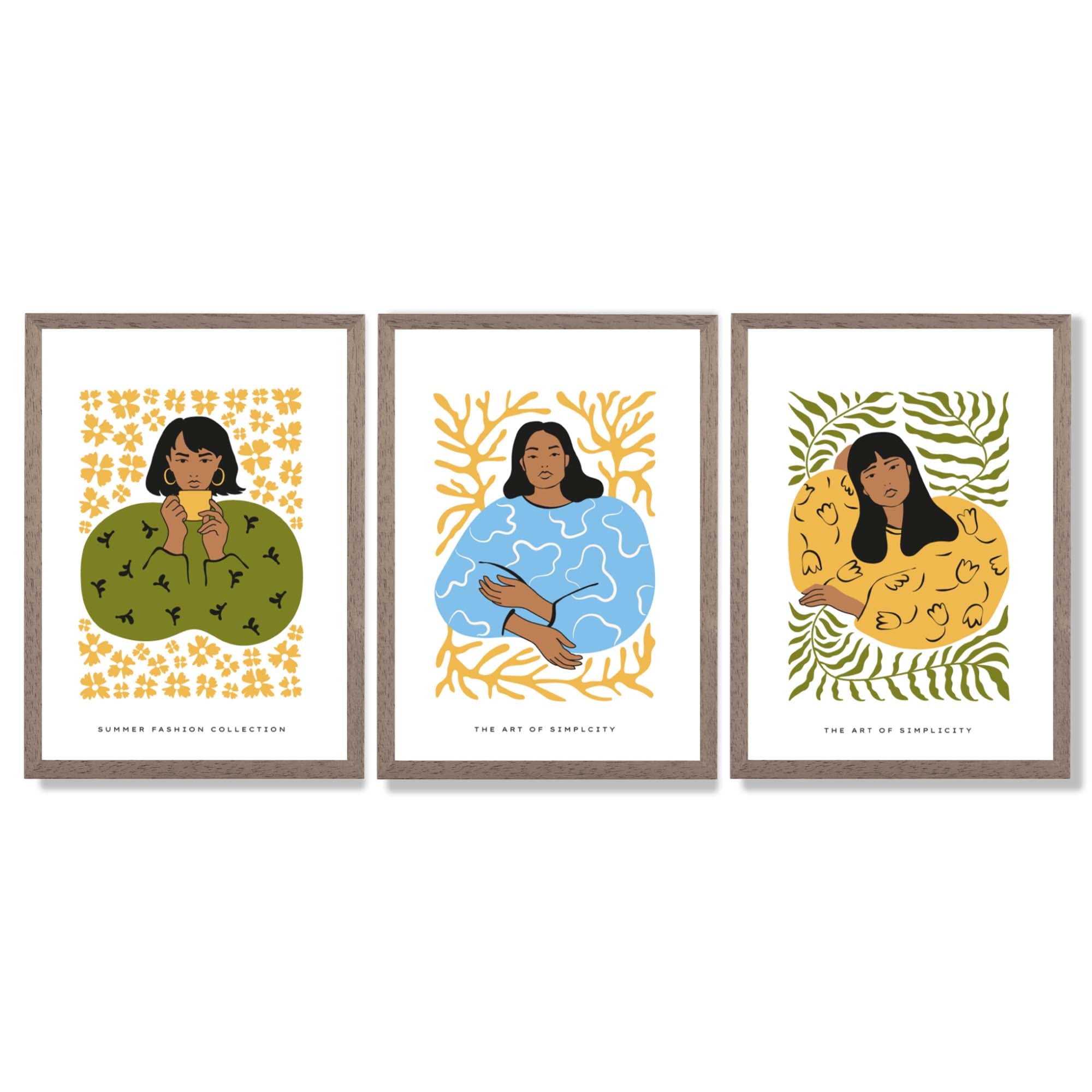 Set of 3 Boho Fashion in Green and Yellow Framed Art Prints with Light Walnut Frames