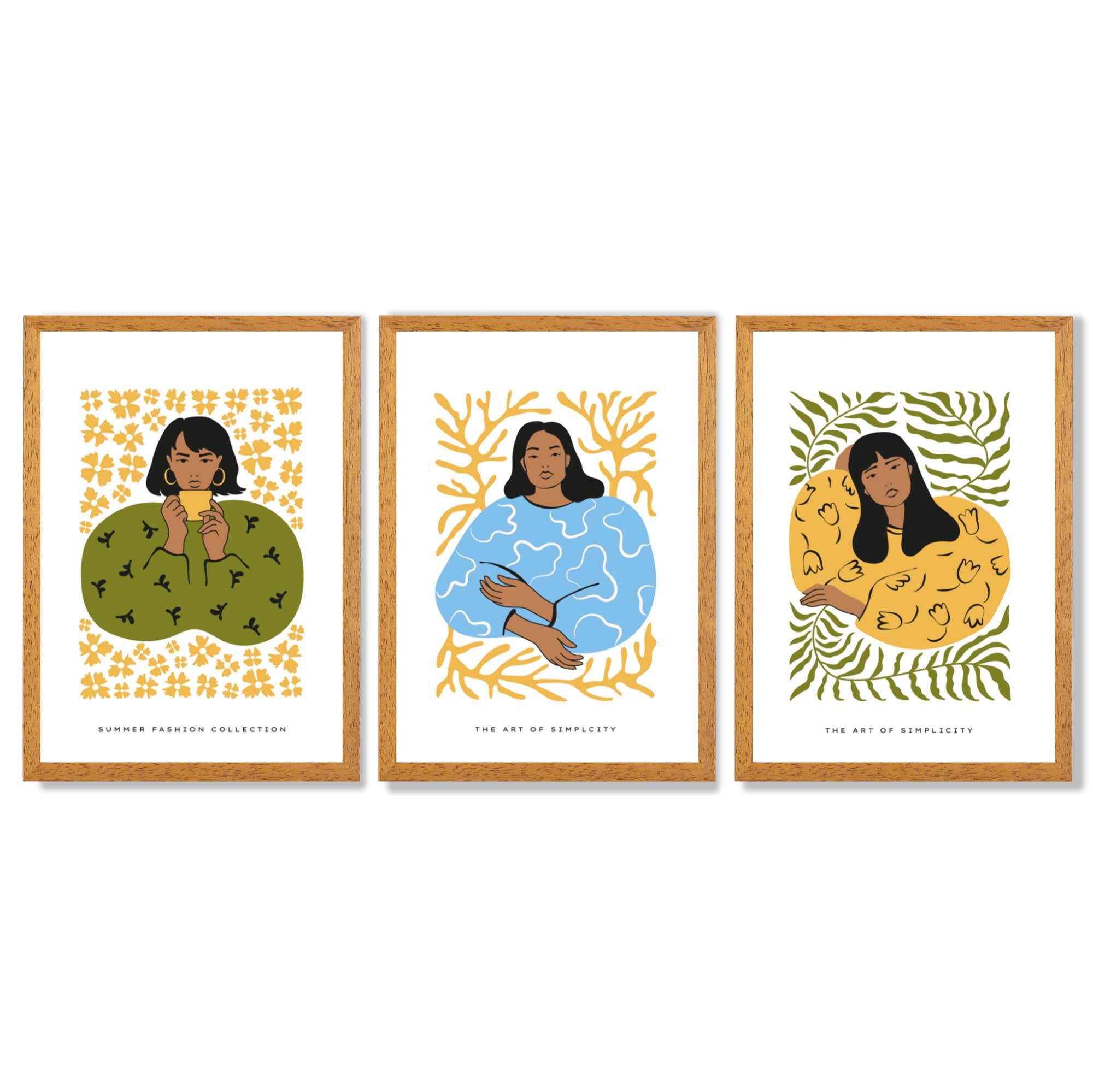 Set of 3 Boho Fashion in Green and Yellow Framed Art Prints with Oak Wooden Frames
