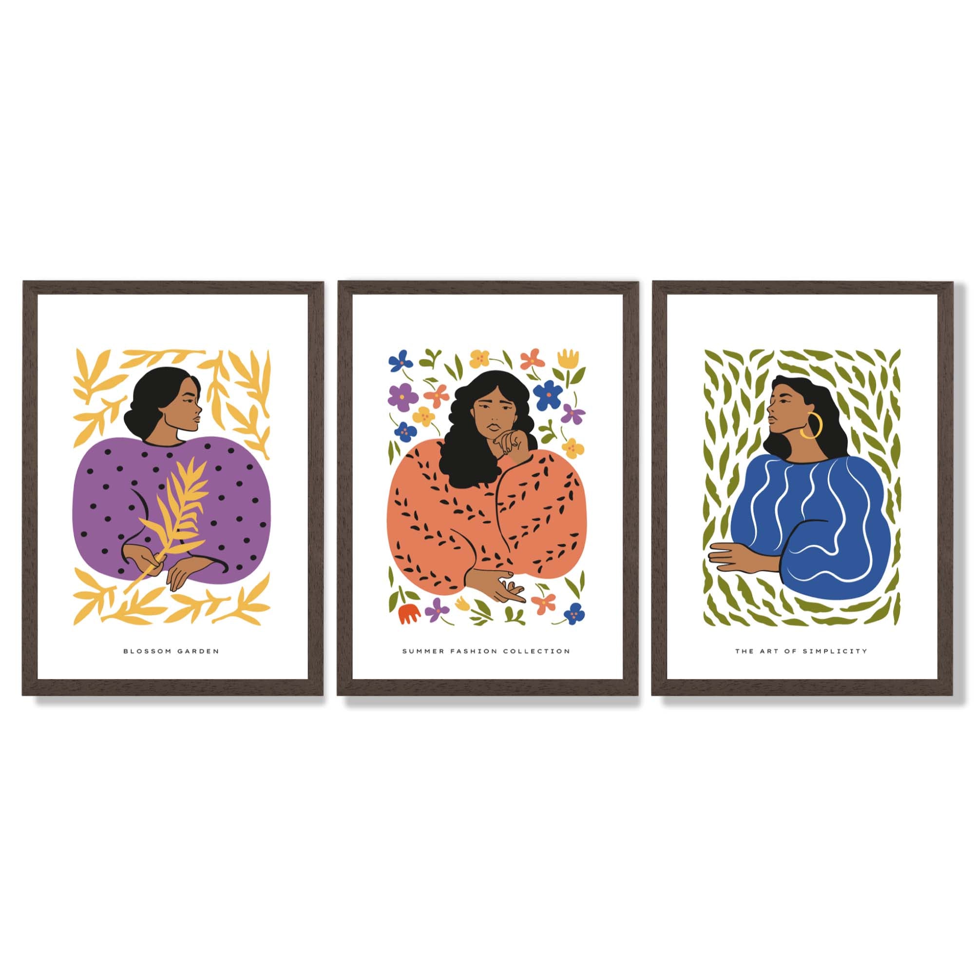 Set of 3 Boho Fashion in Purple and Orange Framed Art Prints with Dark Wood Frames