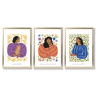 Set of 3 Boho Fashion in Purple and Orange Framed Art Prints with Gold Wood Frames